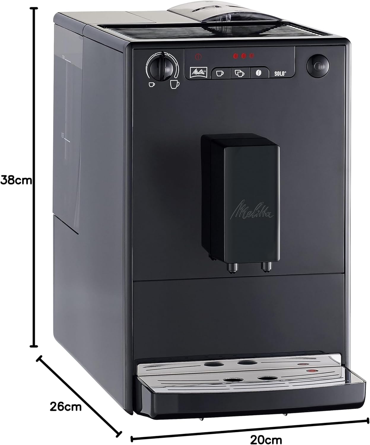 Melitta Solo - Kaffeevollautomat mit höhenverstellbarem Auslauf, kleine Kaffeemaschine mit abnehmbarem Wassertank, für z. B. Espresso oder Café Crème, silber