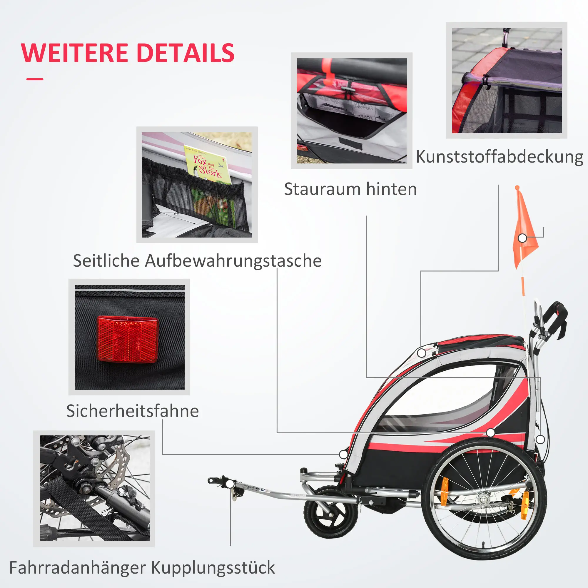 HOMCOM Kinderfahrradanhänger 2in1 Schiebewagen sichere Fahrt rot