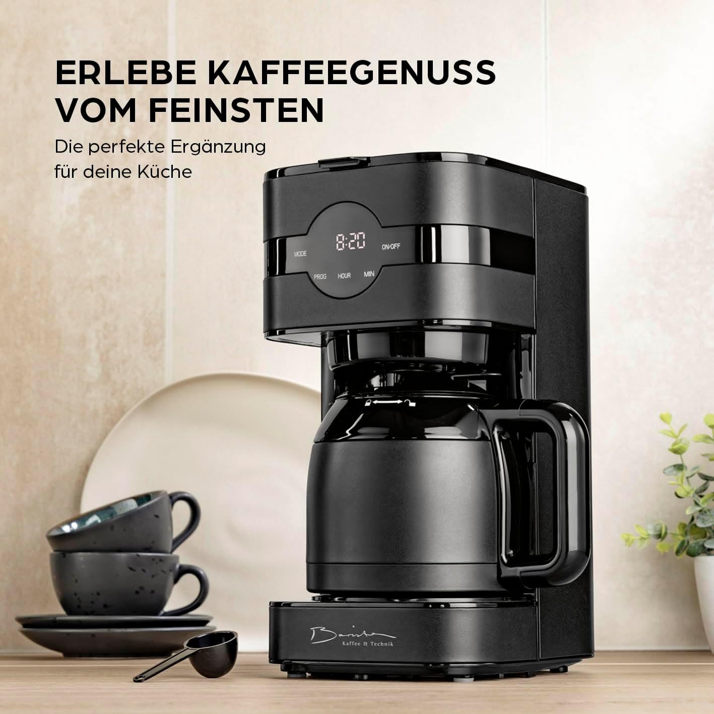 Barista Filterkaffeemaschine mit verstellbarem Mahlwerk & Thermokanne | Warmhaltefunktion, 24h Timer & Permanentfilter | Für 10 Tassen Kaffee | Kaffeemaschine für Bohnen & Pulver [Edelstahl]