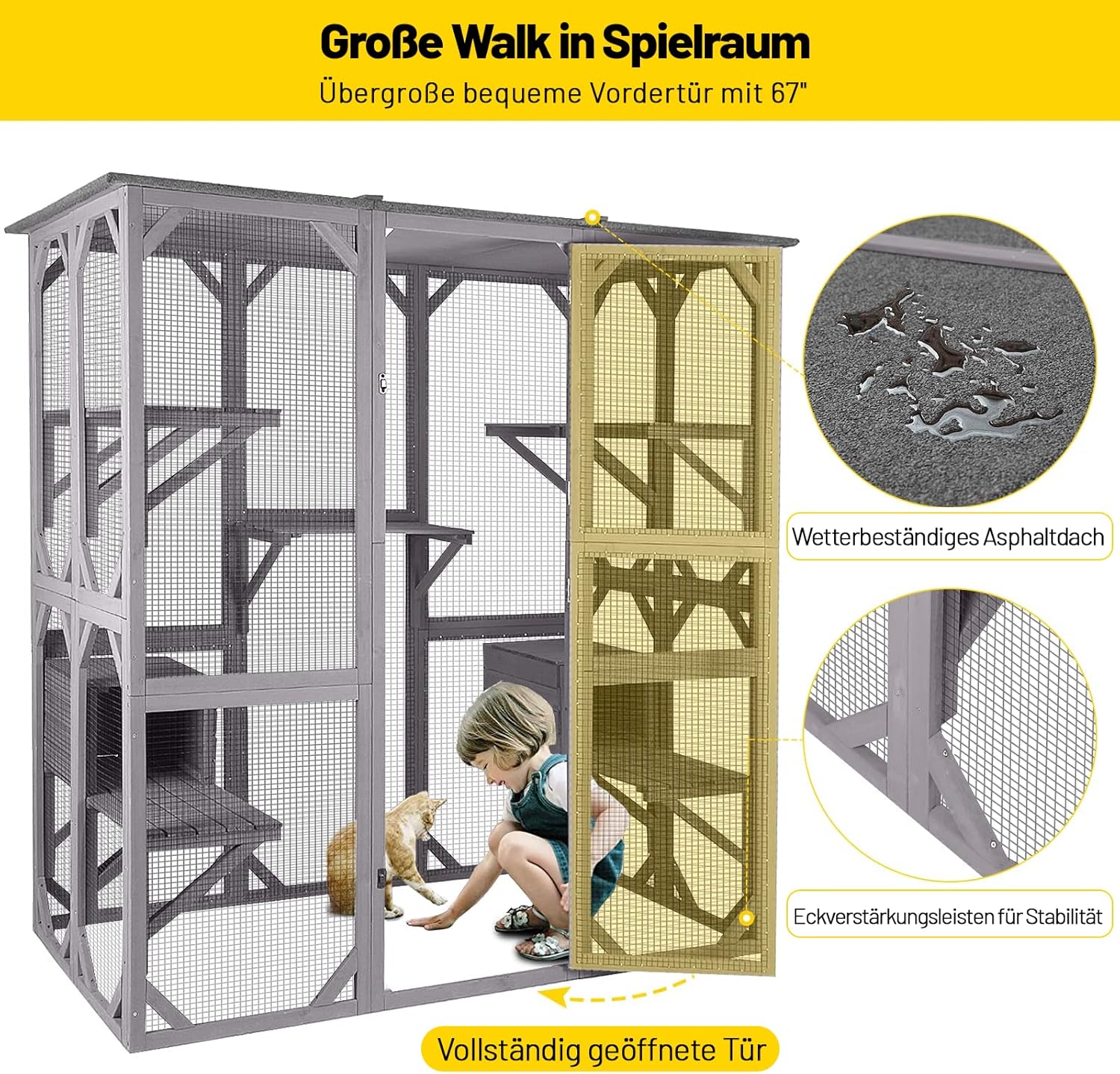 Katzenhaus Outdoor Catio Kitty Gehege mit super großer Eingangstür, Holz-Katzenkäfig Condo Indoor-Laufstall mit Plattformen und kleinem Haus