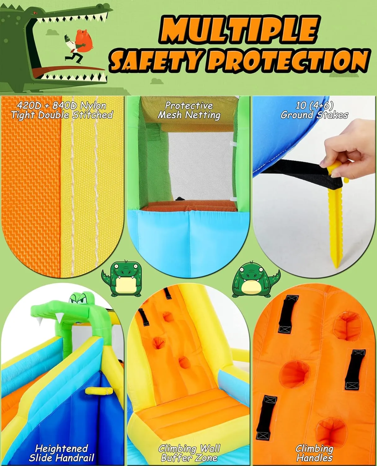 Aufblasbare Wasserrutschen für Kinder, 8-in-1-Hüpfburg-Wasserpark mit 450-W-Gebläse, Kletterwand, Planschbecken, 2 Wasserkanonen, Basketballkorb, Wasserrutsche, Krokodilsprinkler als Geschenk für eine Gartenparty