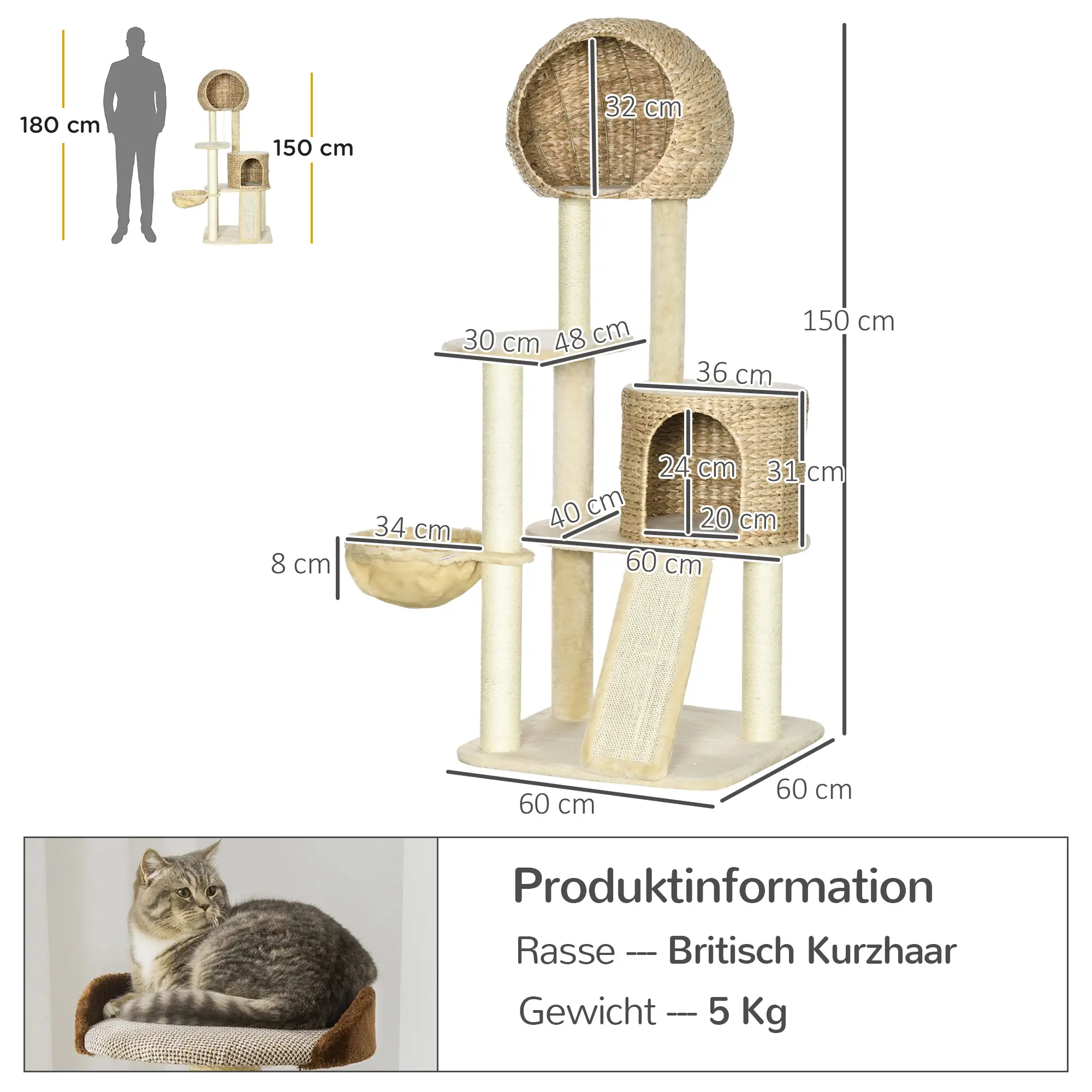 PawHut Kratzbaum Katzenhaus mit Hängematte und Aussichtsplattform