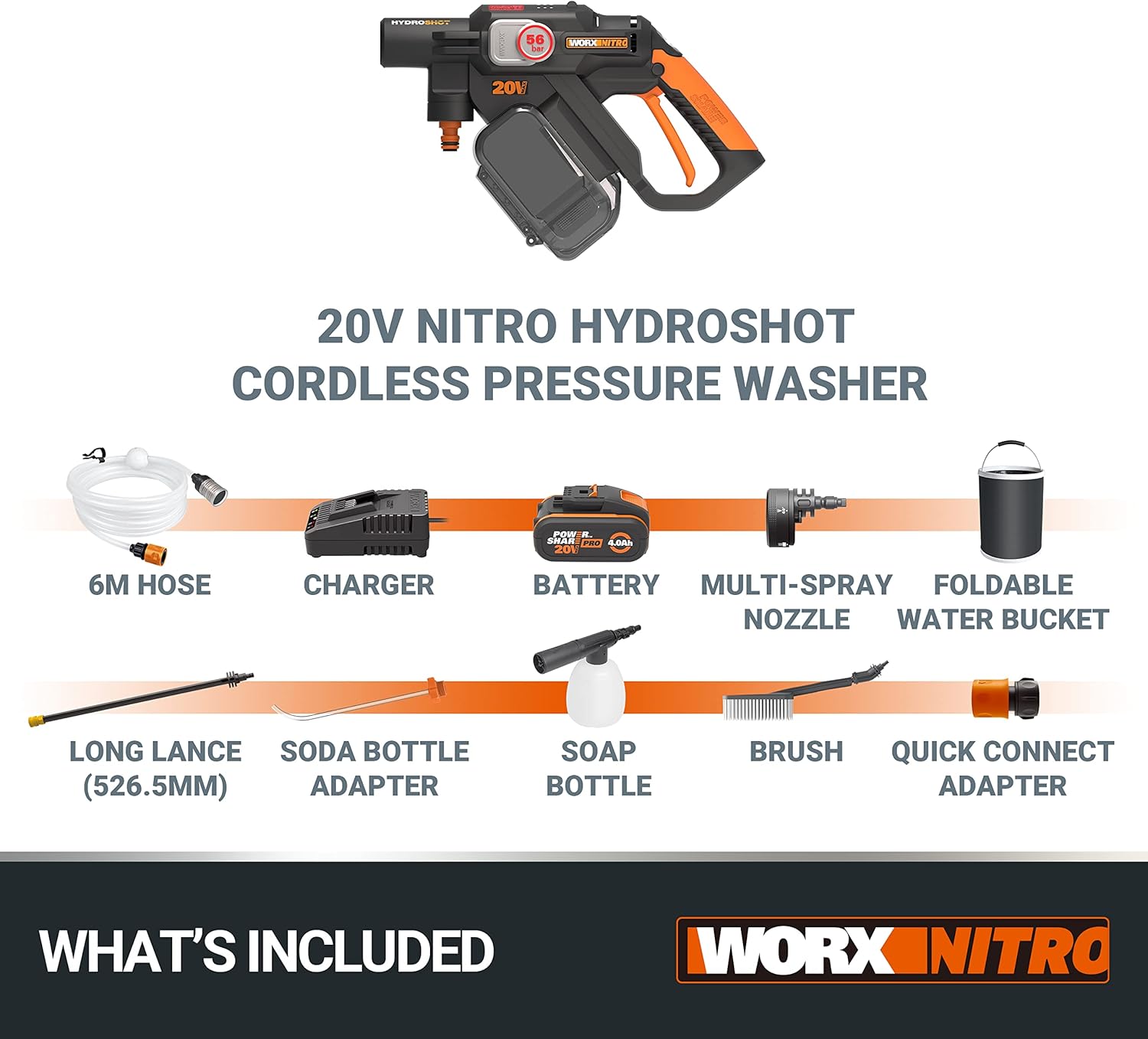 WORX Nitro 18V(20V MAX) Hydroshot Akku-Hochdruckreiniger WG633E.1, PowerShare, Terrassenreinigung und Autoreinigung, Max. 56 Bar, 220L/H, mit Zubehör, 4,0 Ah Akku & Ladegerät ‎‎Orange & Schwarz