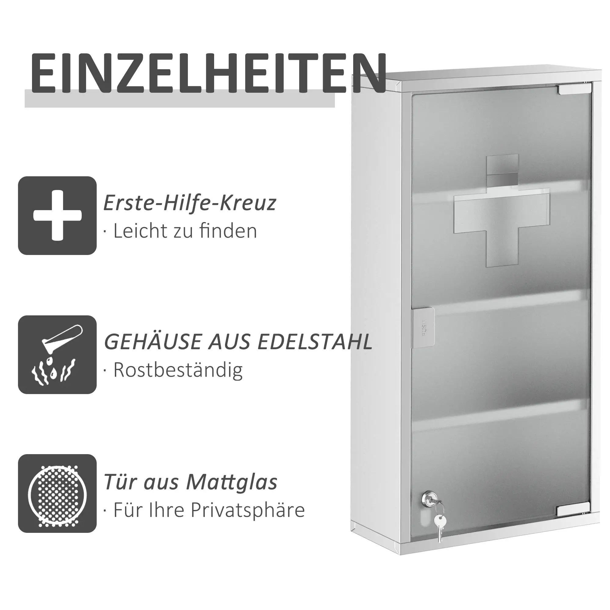 HOMCOM Medizinschrank abschließbar Tip-On Automatik Edelstahl