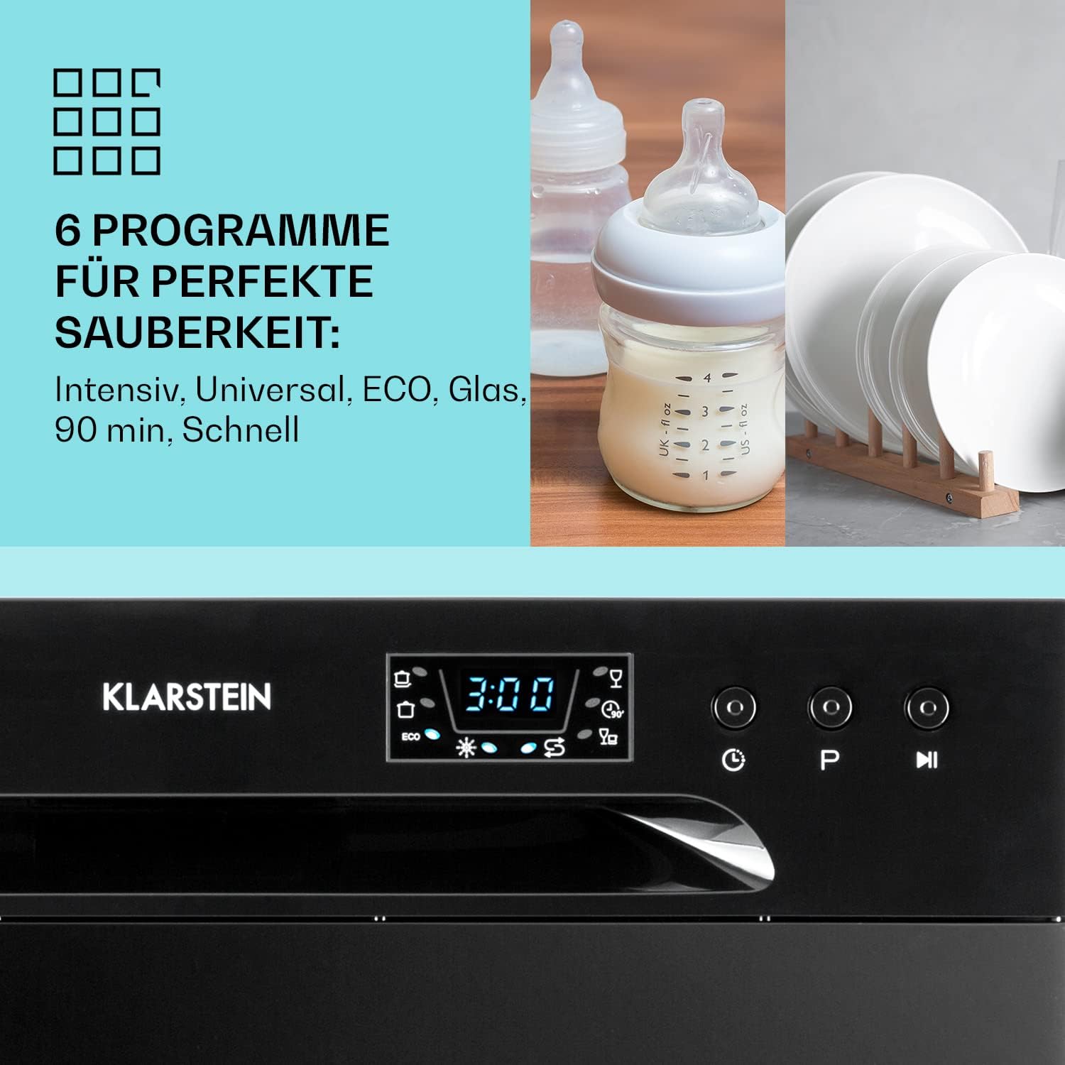 Klarstein ia 8 - Spülmaschine, Geschirrspüler, Freistehend, Teilintegriert, F, 55 cm breit, 8 Maßgedecke, 6 Programme, Aquastop, silber