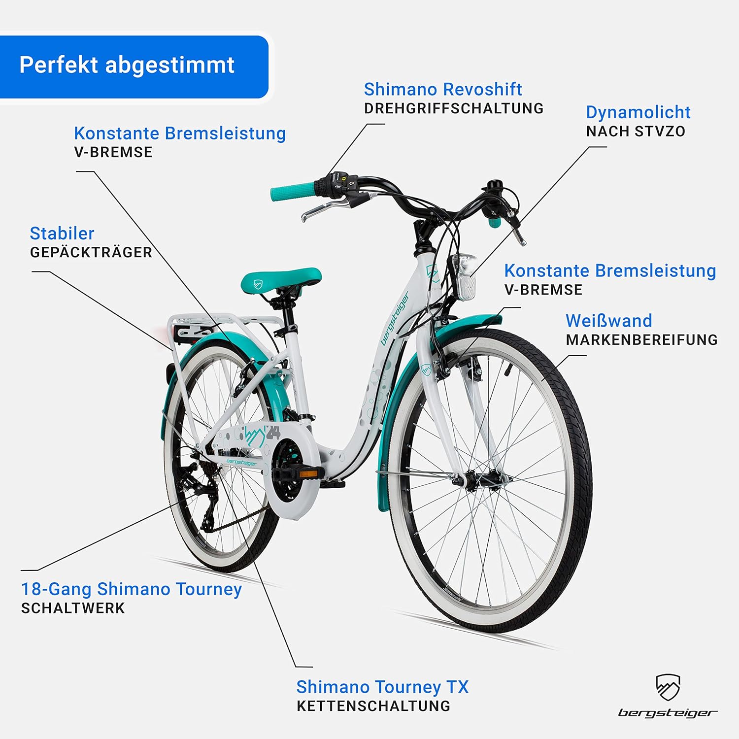 Bergsteiger Atlantis 20, 24 Zoll Kinderfahrrad, geeignet für 6,7, 8, 9, 10, 11 Jahre, StVZO, Shimano Schaltung, Mädchen-Fahrrad mit Dynamo-Licht