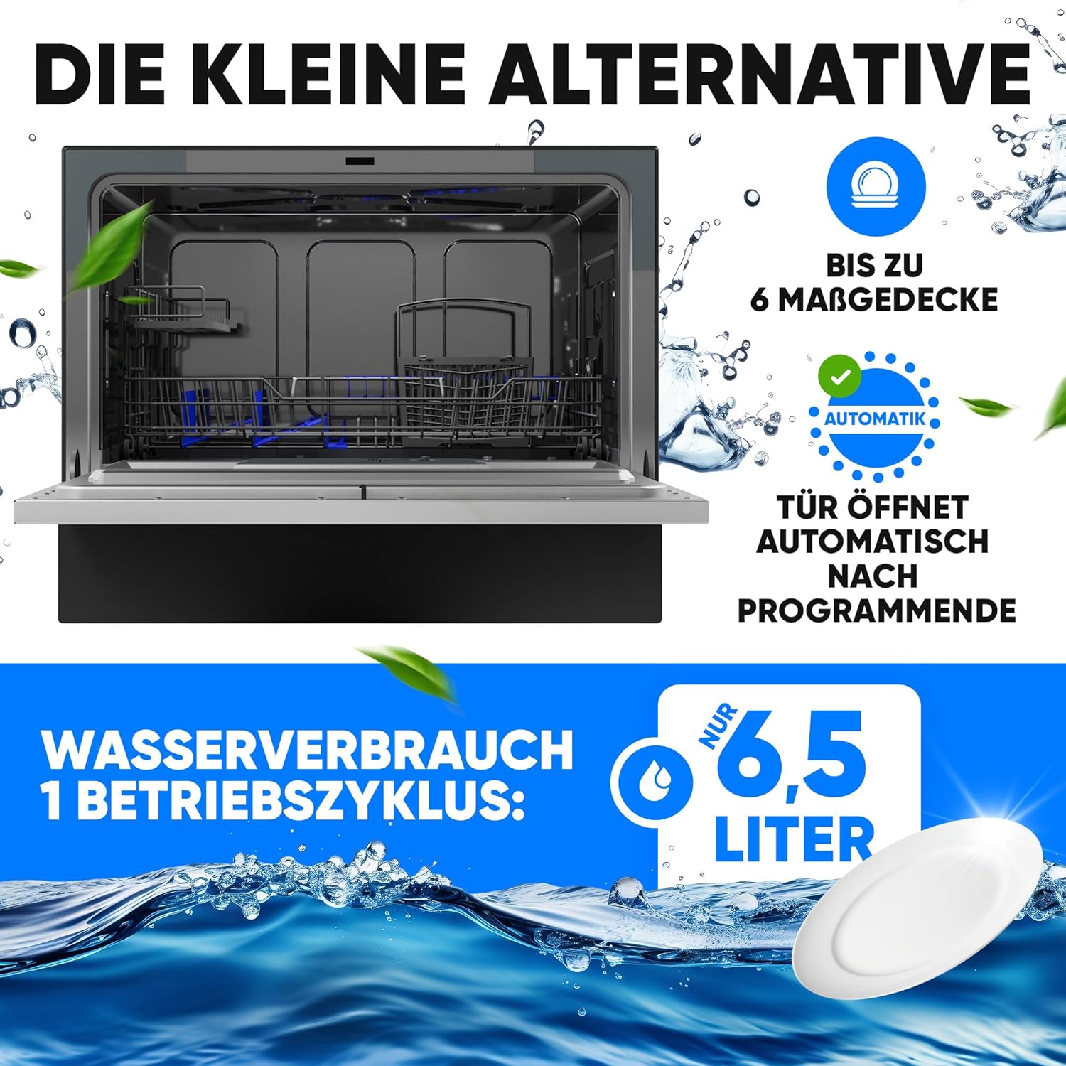 Bomann Mini Geschirrspüler mit Wasseranschluss | inkl. Schlauch | Tisch Geschirrspüler leise | Mini Spülmaschine für kleine Küchen/Camping | Spülmaschine klein m. Überlaufsicherung | TSG 7405 schwarz