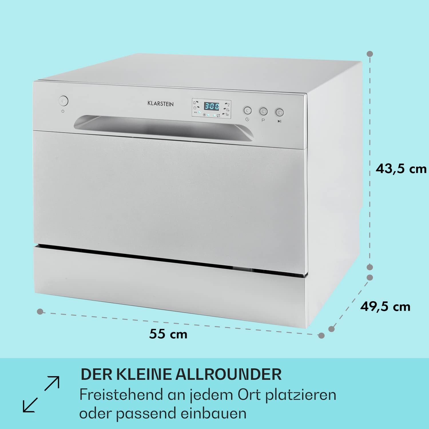 Klarstein ia 8 - Spülmaschine, Geschirrspüler, Freistehend, Teilintegriert, F, 55 cm breit, 8 Maßgedecke, 6 Programme, Aquastop, silber