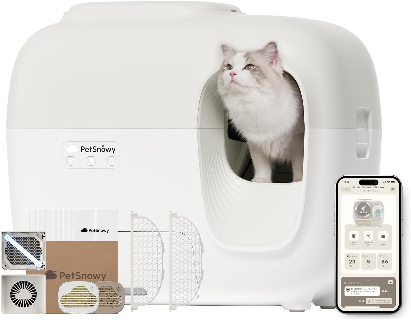 PetSnowy Katzenklo Selbstreinigend Katzentoilette mit TiO2-Geruchskontrollsystem, App-Steuerung, Auto-Packing für große Katzen & Mehrkatzenhaushalte 1,5-9 kg, Max Kapazität von 83L (2025 Premium)