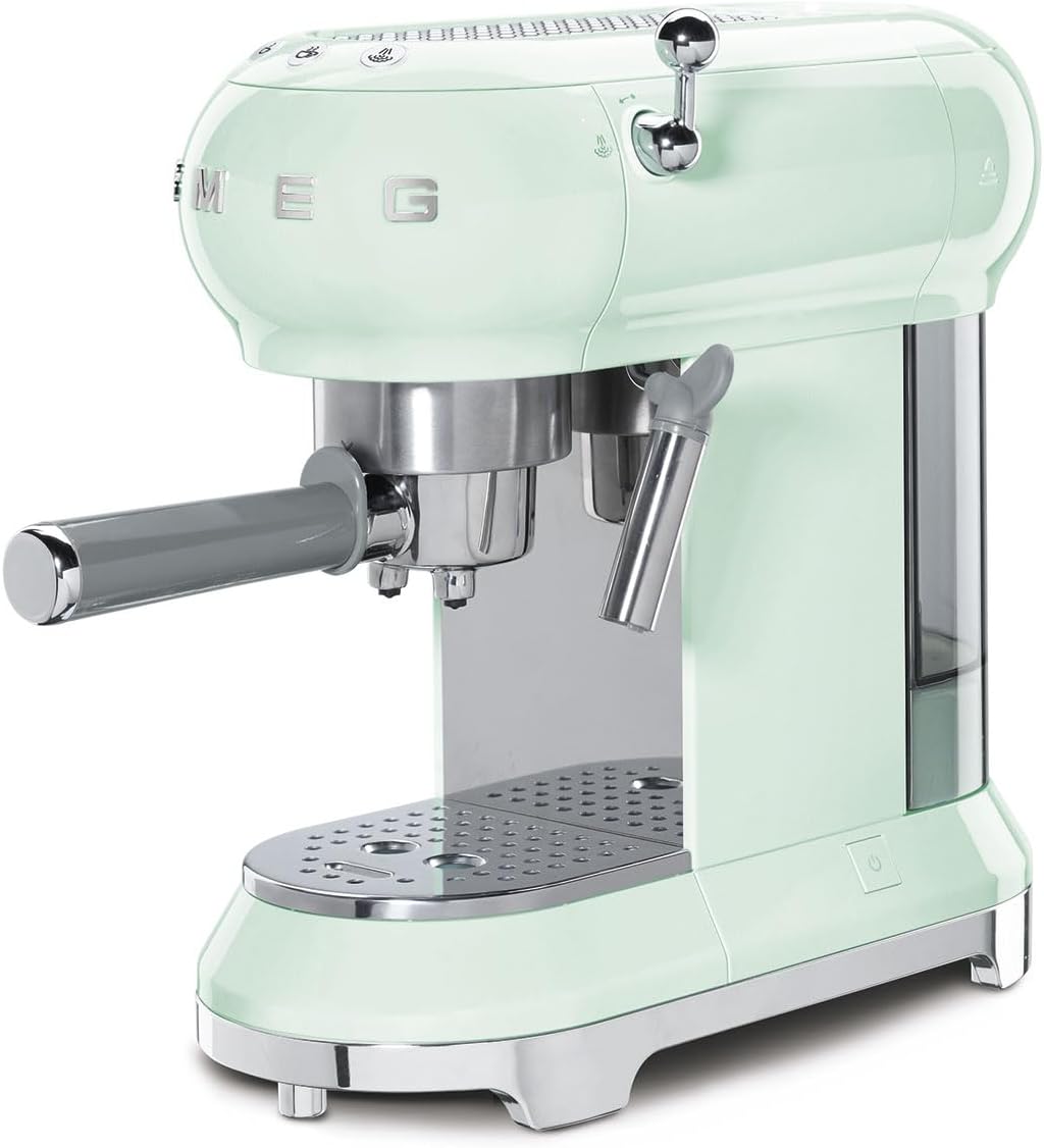 Smeg, ECF01WHEU Manual Espresso -Maschine, Cappuccino -System, Thermoblock, große Tassengehäuse und Doppelkaffeefunktion, 1 l Wassertank, kompakte Abmessungen, 1350W, Weiß