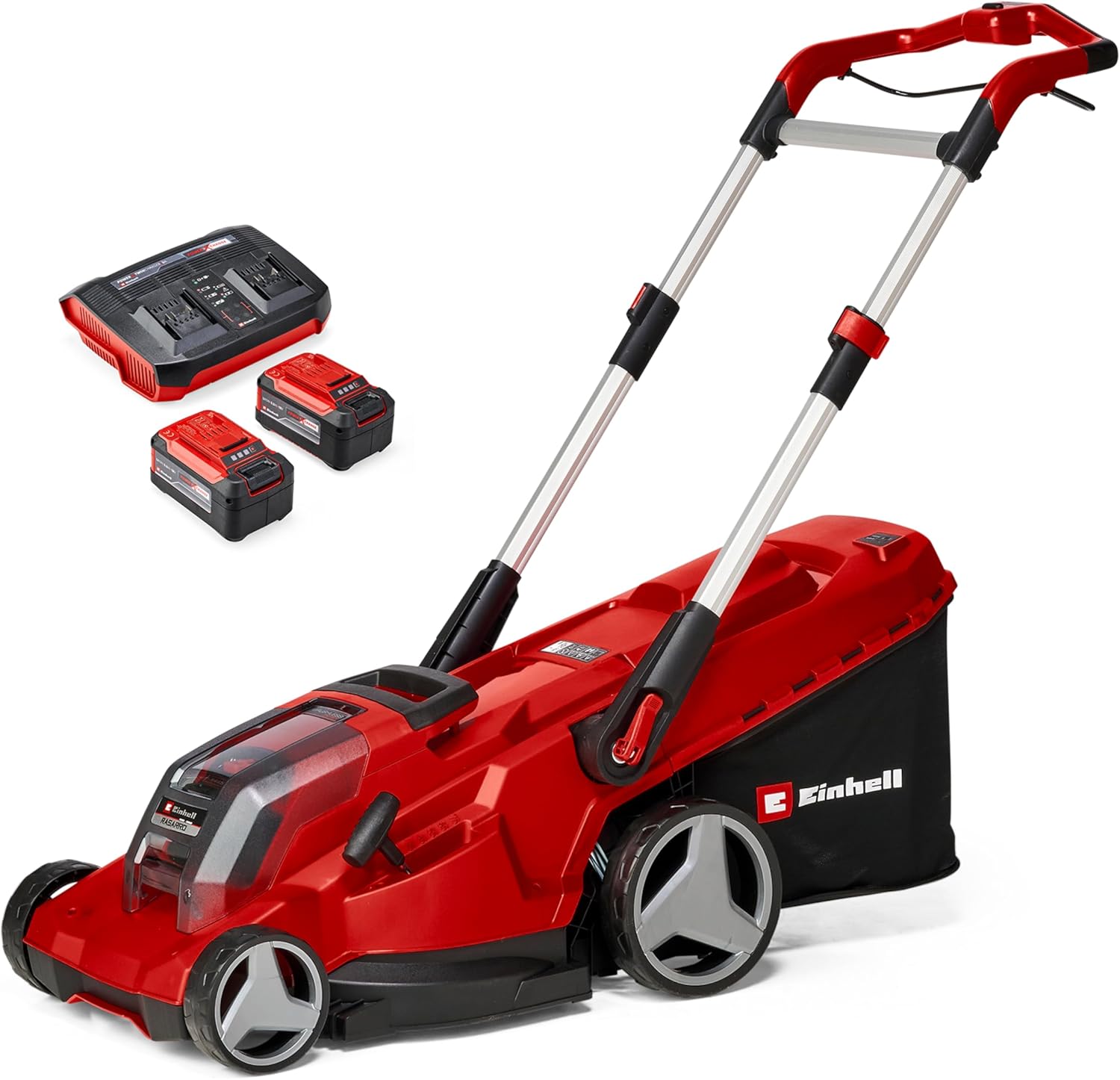 Einhell Akku-Rasenmäher RASARRO 36/42 Kit Power X-Change (36V, 42 cm Schnittbreite, bis 725 m², Brushless, 50L Fangkorb, Mulchfunktion, inkl. 2x 5,2Ah + 1x Twincharger)