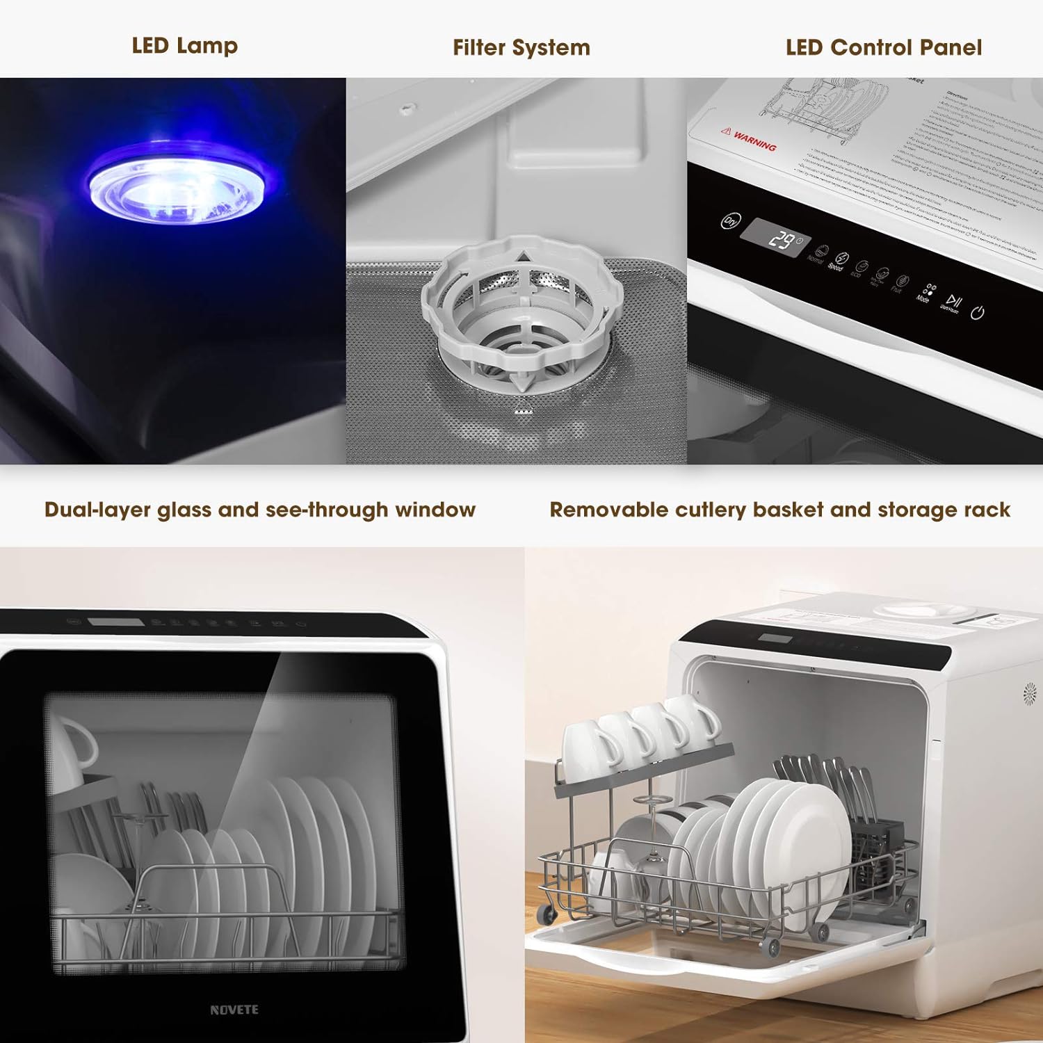 Tragbarer Tischgeschirrspüler, Kompaktgeschirrspüler mit 5 l integriertem Wassertank und Zulaufschlauch, 5 Spülprogrammen, Babypflege, Lufttrocknungsfunktion und LED-Licht für kleine Wohnungen