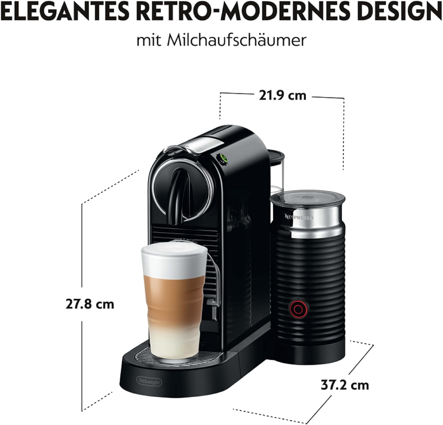 Nespresso De'Longhi EN267.BAE Citiz Kaffeemaschine mit Milchaufschäumer, Energiesparfunktion, 1710W, 1 Liter, 37.2 x 21.8 x 27.7 cm, Schwarz