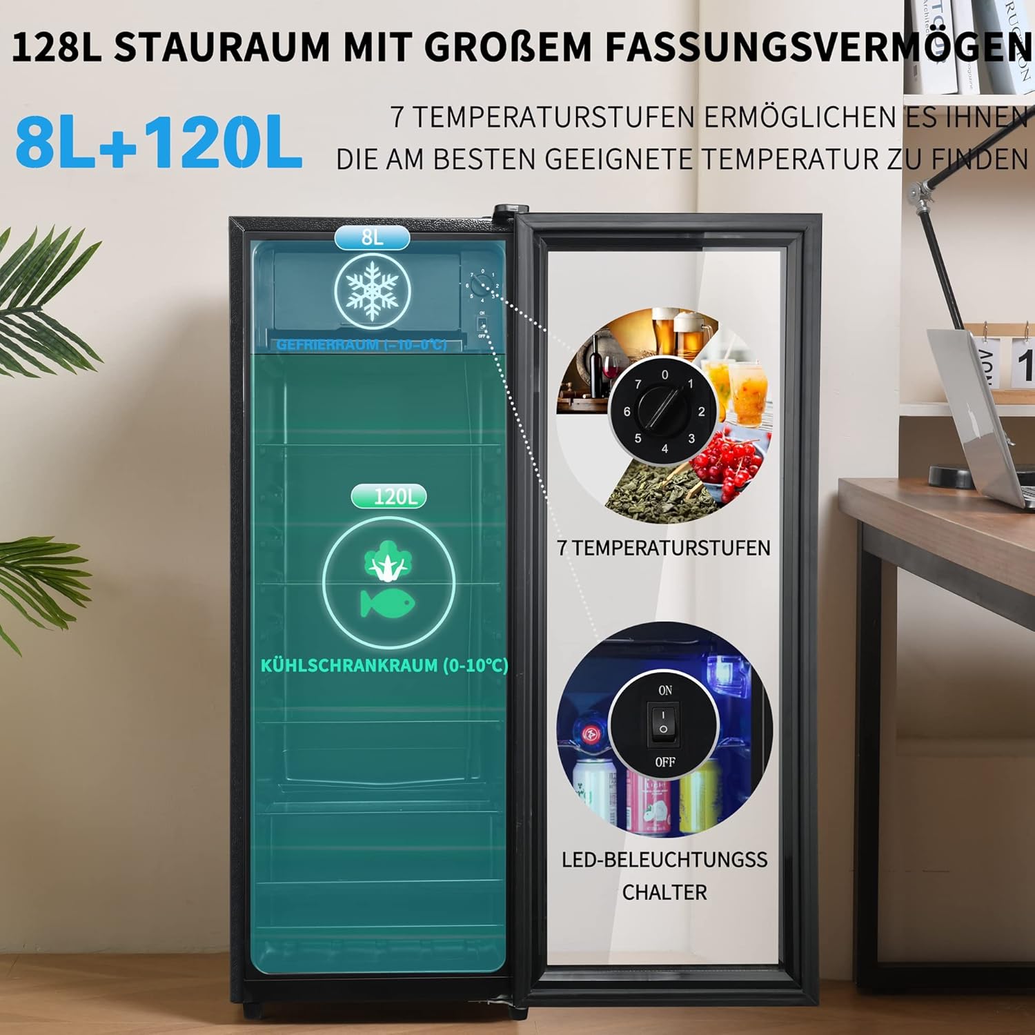 Merax Kühlschrank 128L, Freistehend Getränkekühler mit 120L-Kühlschrank + 8L-Gefrierschrank, mit LED-Innenbeleuchtung und Verstellbare Einlegeböden, Superleise für Restaurant, Bar, Getränke und Bier
