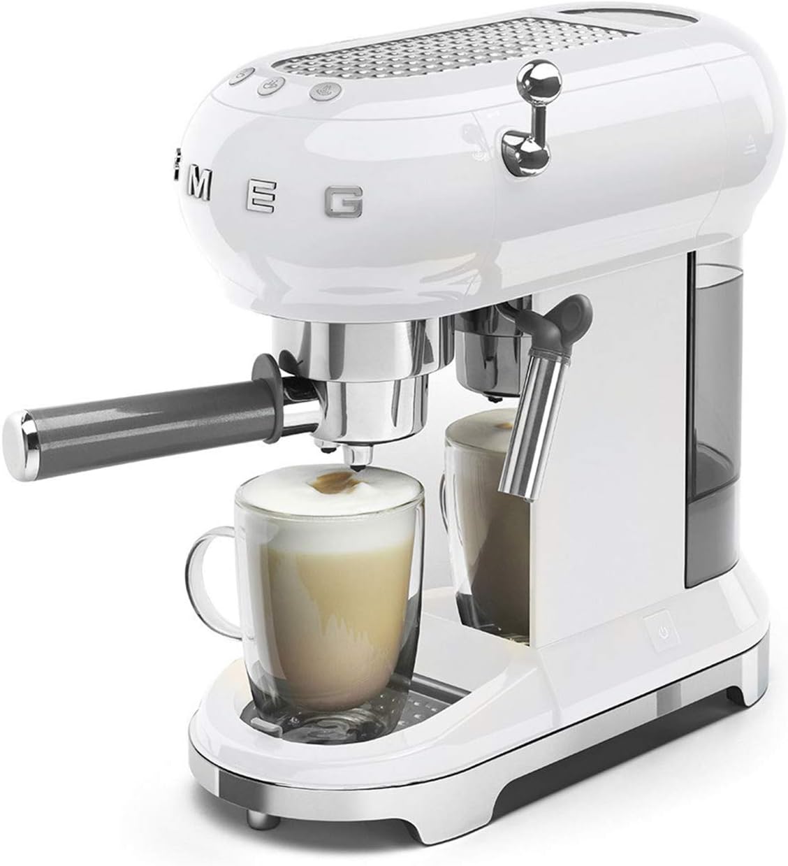 Smeg, ECF01WHEU Manual Espresso -Maschine, Cappuccino -System, Thermoblock, große Tassengehäuse und Doppelkaffeefunktion, 1 l Wassertank, kompakte Abmessungen, 1350W, Weiß