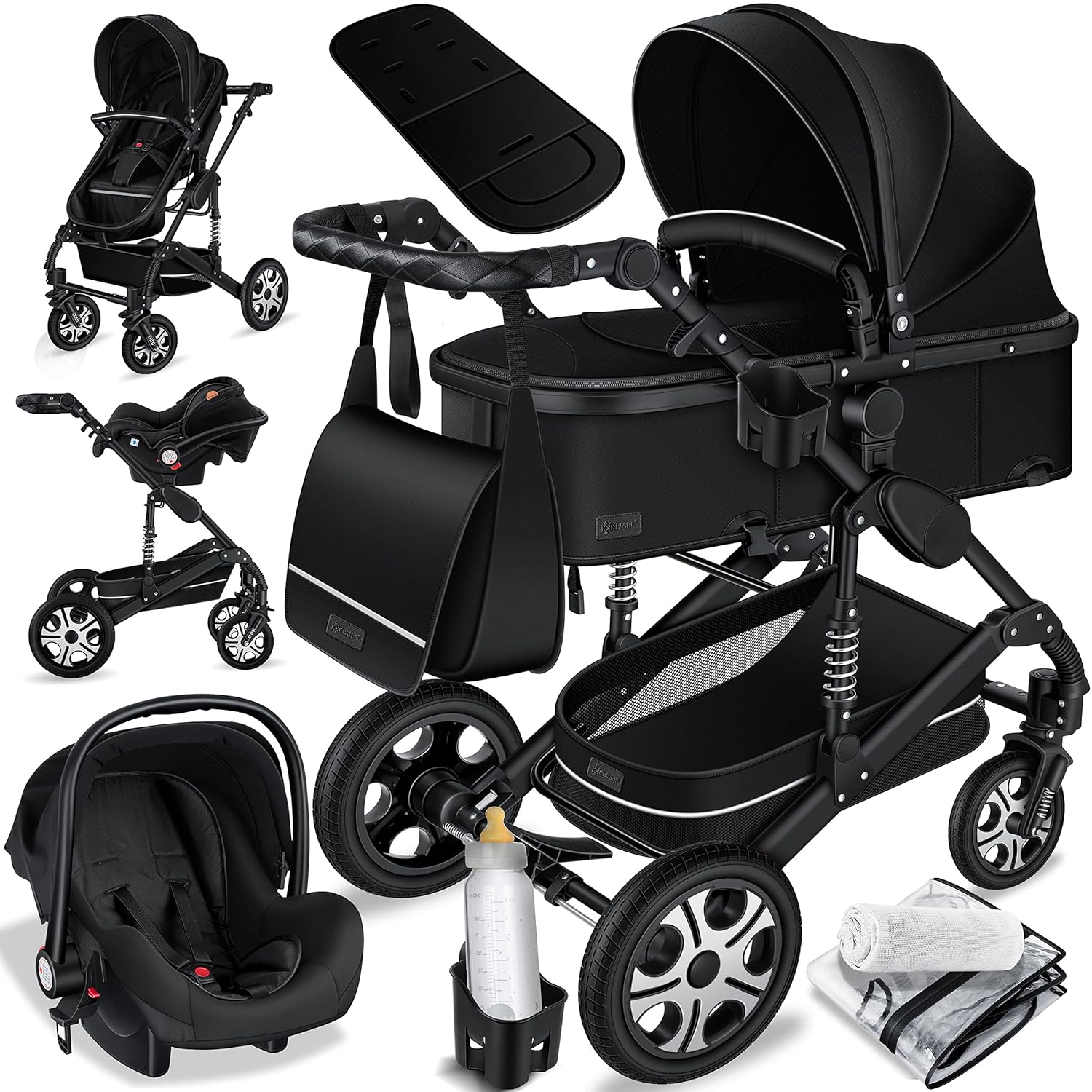 KESSER Loops 3 in 1 Kinderwagen Kombikinderwagen Komplett-Set inkl. Babywanne & Buggy Sportsitz & Auto-Babyschale Voll-Gummireifen Wickeltasche Regenschutz Kindertisch ECE R129, Schwarz/Champagne