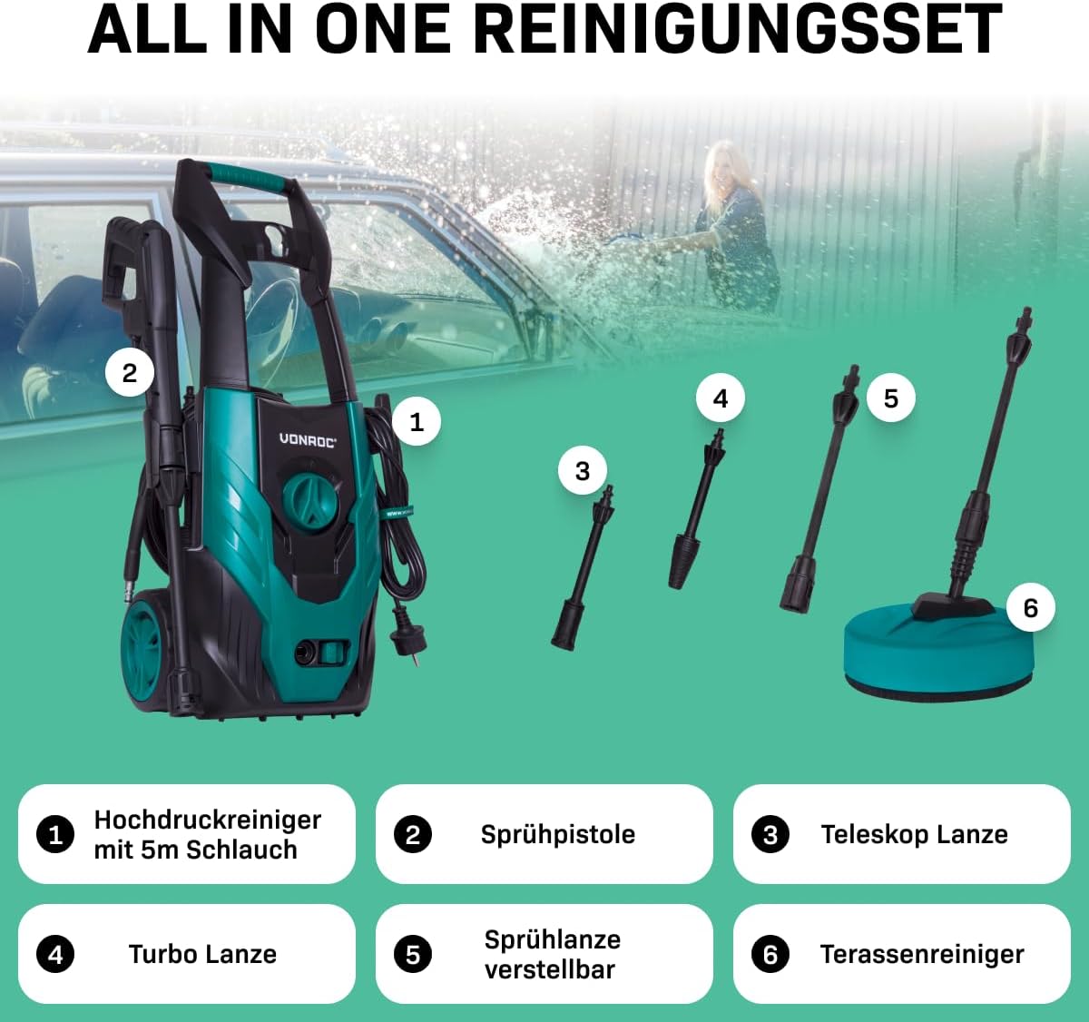 VONROC Profi Hochdruckreiniger 195bar - Fassadenreiniger für schwere Reinigungsarbeiten [2500W] - Hoher Durchfluss [468 l/h] Reinigungstank, Aluminium Pumpe - inkl. Terassenreiniger