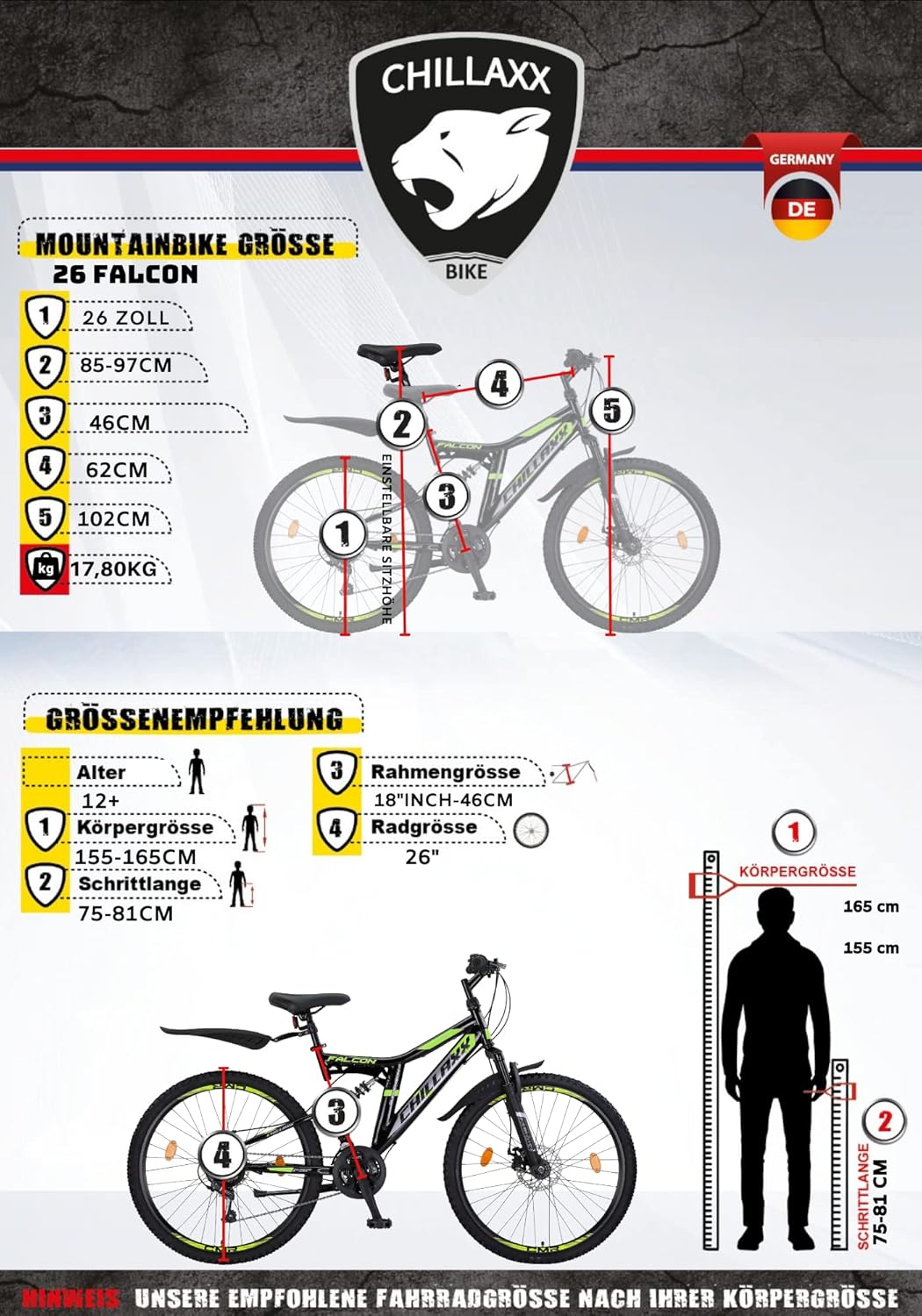 Chillaxx Bike Falcon Premium Mountainbike in 24,26,27.5 und 29 Zoll - Fahrrad für Jungen, Mädchen, Damen und Herren - Scheibenbremse- 21 Gang-Schaltung - Vollfederung