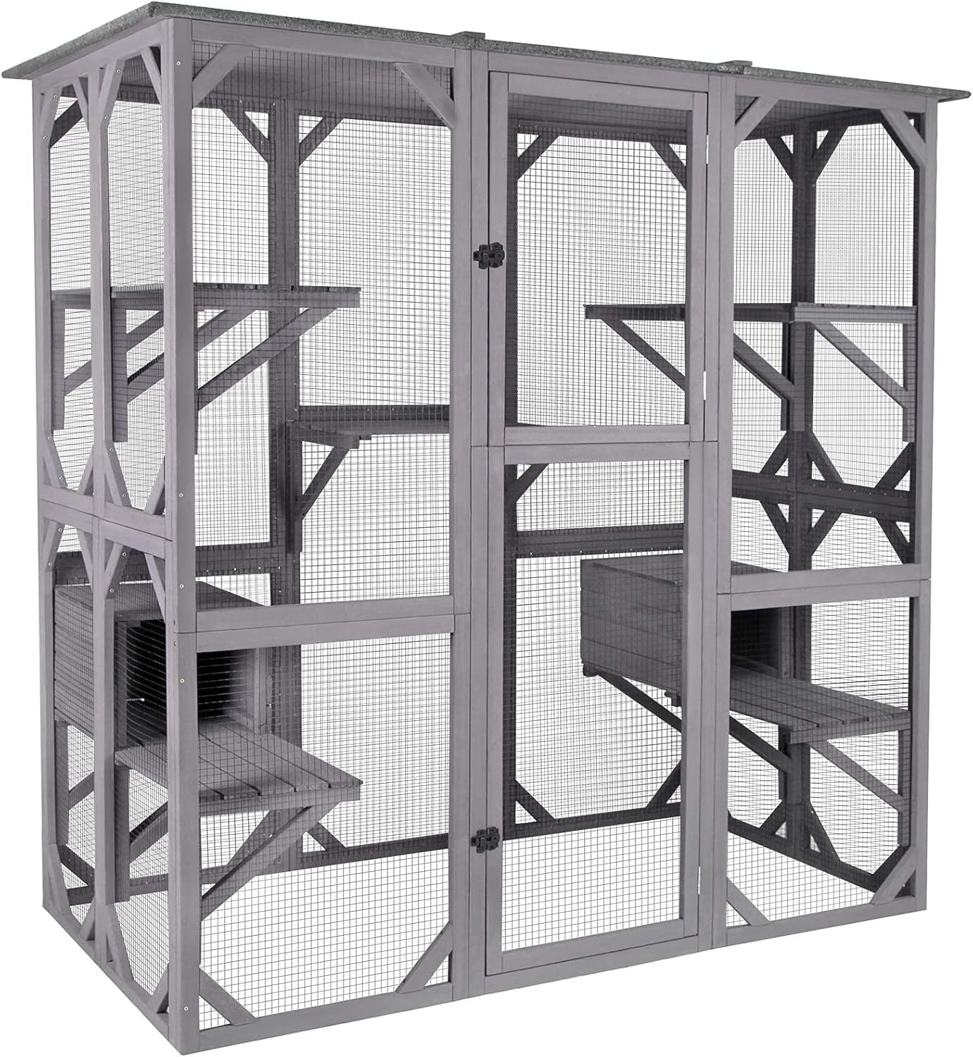 Katzenhaus Outdoor Catio Kitty Gehege mit super großer Eingangstür, Holz-Katzenkäfig Condo Indoor-Laufstall mit Plattformen und kleinem Haus