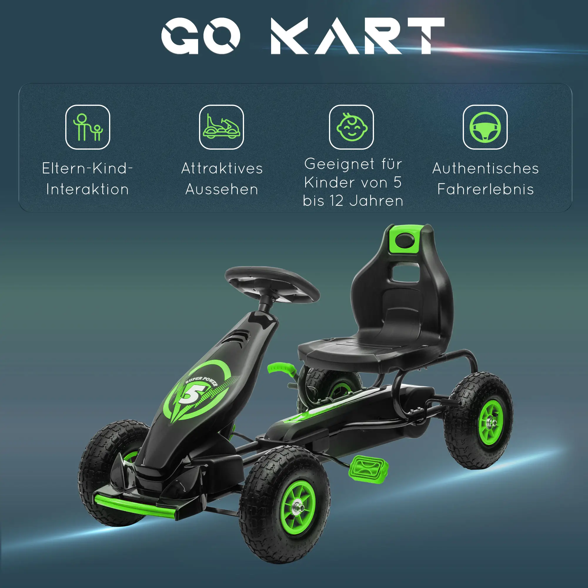 HOMCOM Gokart Kinderfahrzeug 3-fach verstellbarer Sitz Gummireifen