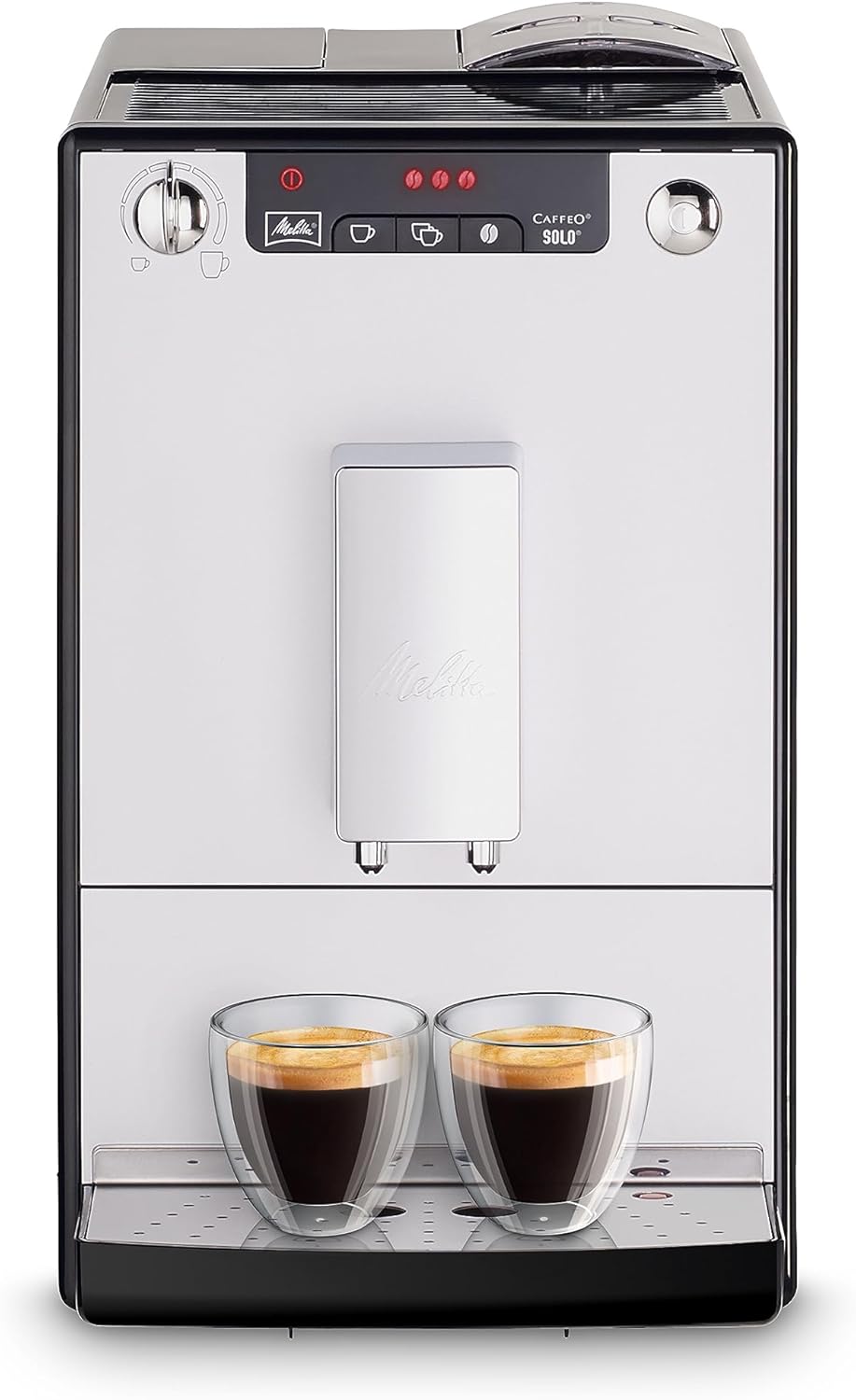 Melitta Solo - Kaffeevollautomat mit höhenverstellbarem Auslauf, kleine Kaffeemaschine mit abnehmbarem Wassertank, für z. B. Espresso oder Café Crème, silber