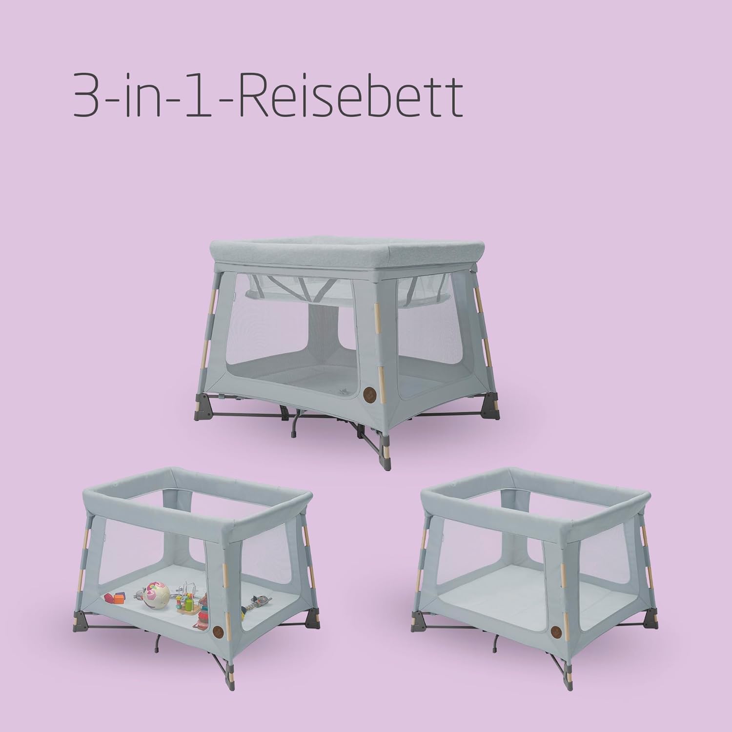 Maxi-Cosi Swift 3-in-1 Reisebett Baby, Babywiege, 0–3,5 Jahre, bis zu 15 kg, Reisebett höhenverstellbar, 2-in-1-Matratze, ultraleicht, in 1 Sekunde klappbar, Reisetasche, Eco Care, Beyond Grey