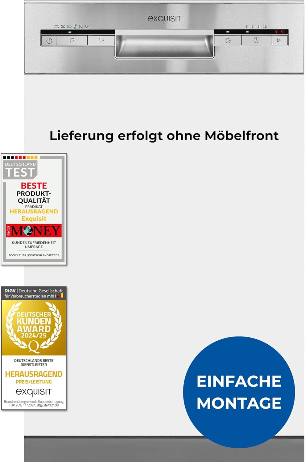 Exquisit Geschirrspüler, Spülmaschine, 45 cm Breite, Teilintegriert, 9 Maßgedecke, 9 Liter, Startzeitvorwahl, ECO-Modus, Geschirrspüler 45 cm, EGSP51009-EB-030E inox