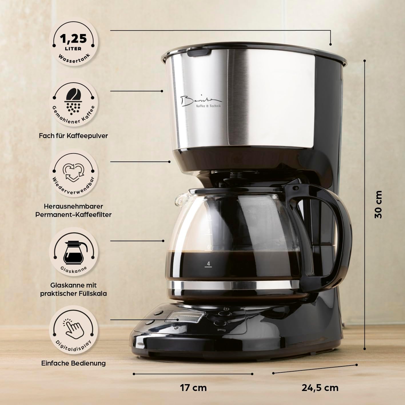 Barista Filterkaffeemaschine mit verstellbarem Mahlwerk & Thermokanne | Warmhaltefunktion, 24h Timer & Permanentfilter | Für 10 Tassen Kaffee | Kaffeemaschine für Bohnen & Pulver [Edelstahl]