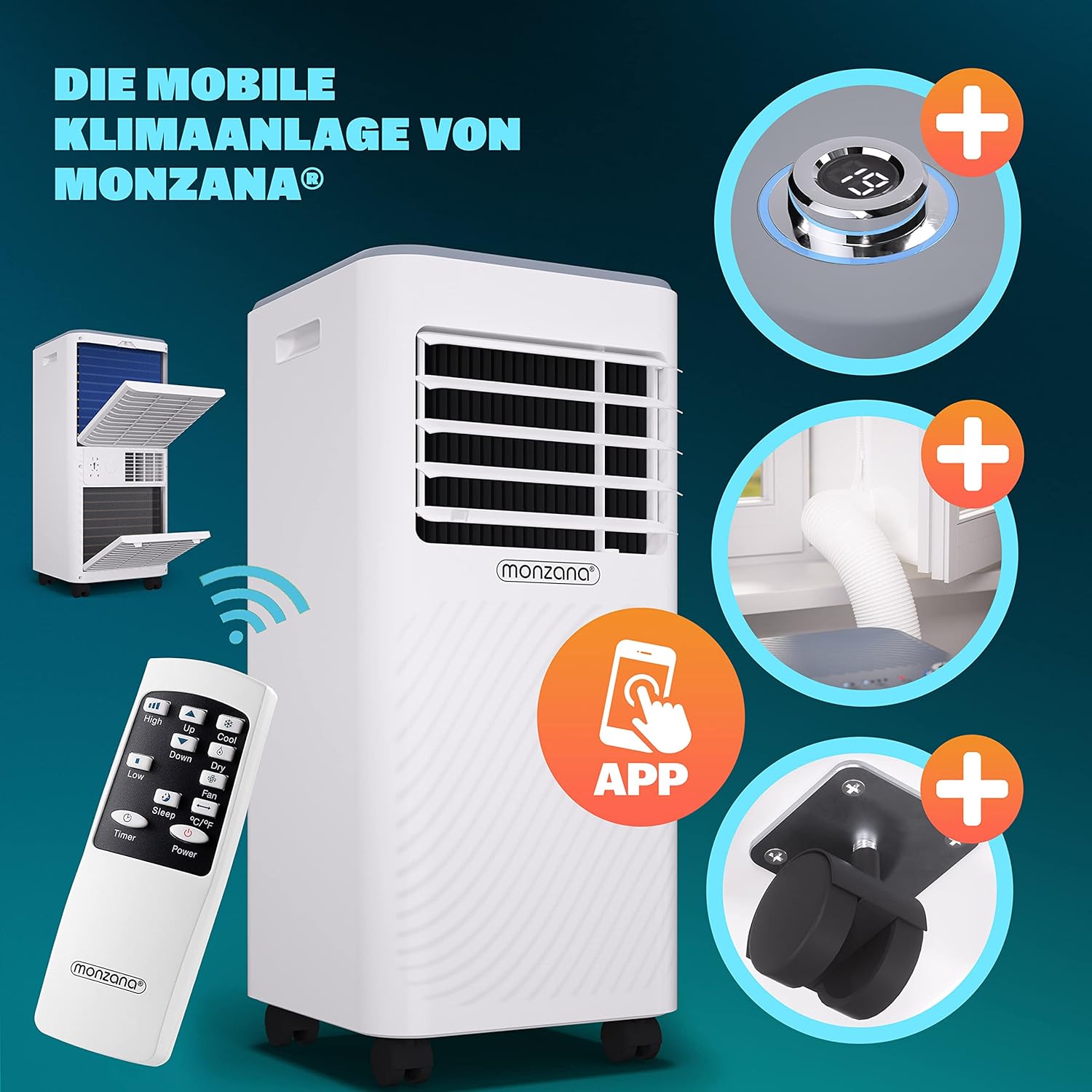 Monzana lokale Klimaanlage MZKA2000 Mobil Abluftschlauch 7000BTU 3in1 750W 24h Timer 25qm Fernbedienung Luftentfeuchter Rollladenkit Klimagerät