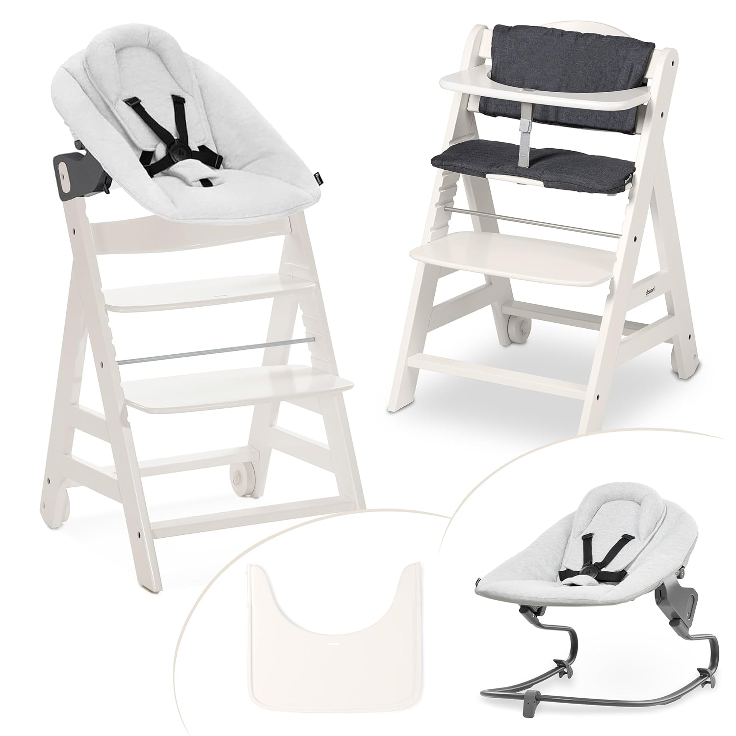 hauck Hochstuhl Beta+ Newborn Set Premium Dark Grey - Babyhochstuhl Set ab Geburt mit Neugeborenen Aufsatz Bouncer, Sitzpolster und Essbrett - Dark Grey