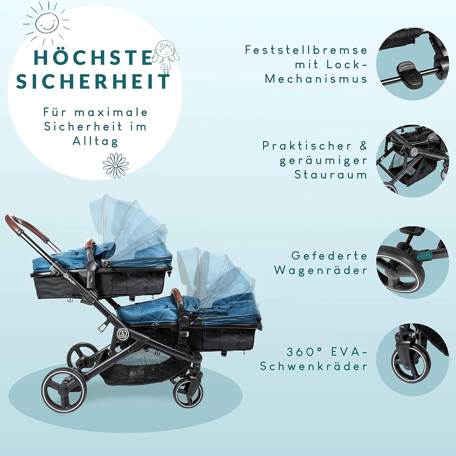 babyGO Kinderwagen 3 in 1 für Zwillinge - Geschwisterkinderwagen/Geschwisterwagen für Babys - Zwillingskinderwagen/Zwillingswagen für 2 Kinder mit viel Zubehör (Blau Melange-ohne Babyschale)