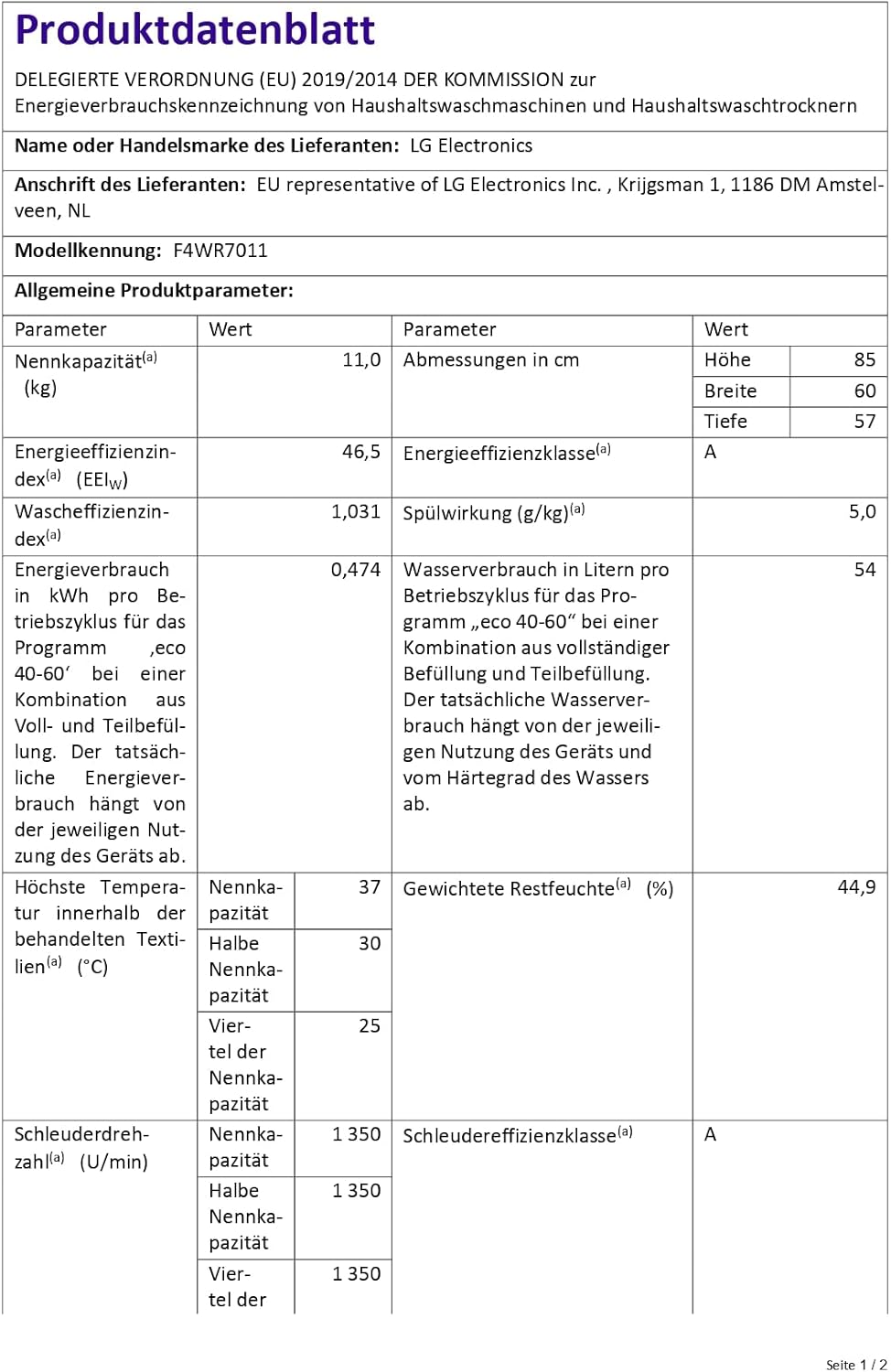 LG F4WV7080, Klasse A, Frontlader-Waschmaschine 8 kg, 1400 U/Min, AI Direct Drive, Wi-Fi, Tiefenreinigung mit Dampf, Große Kapazität, TRIPLE A, Außentür aus Sicherheitsglas, 62 x 60 x 85 cm ꟷ Weiß