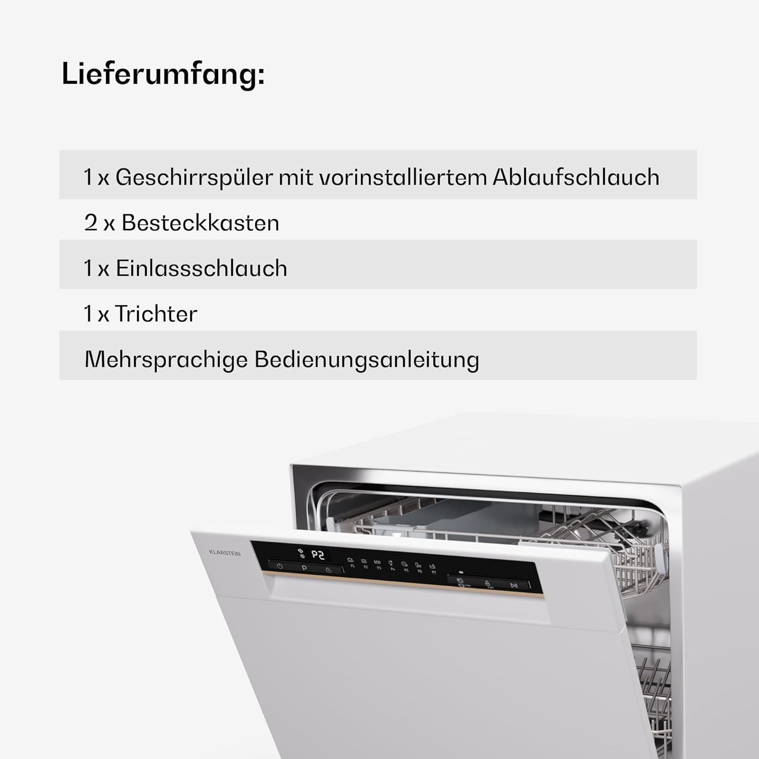 Klarstein ia 8 - Spülmaschine, Geschirrspüler, Freistehend, Teilintegriert, F, 55 cm breit, 8 Maßgedecke, 6 Programme, Aquastop, silber