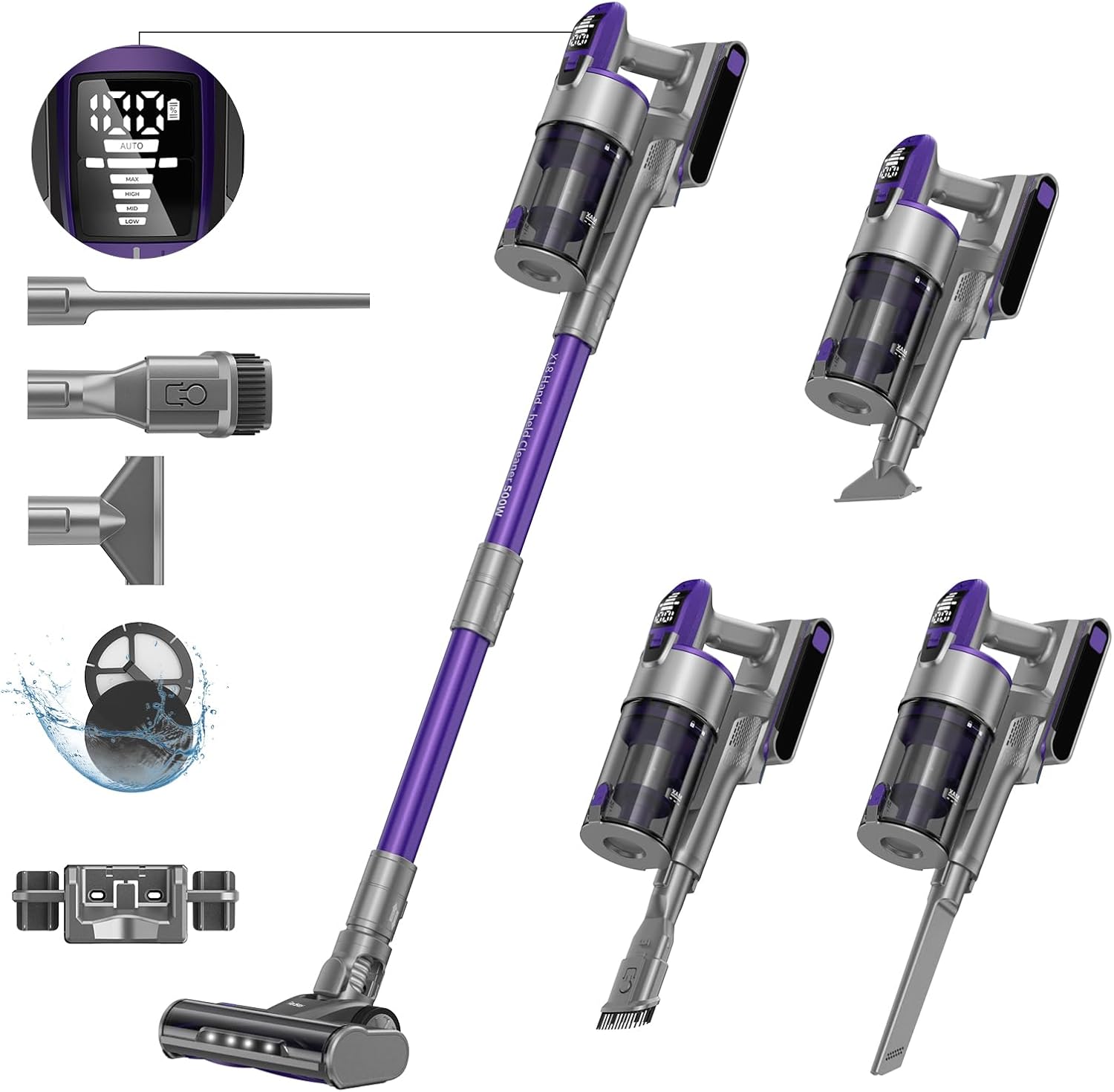 Redkey X18 Akku Staubsauger, 500W 33000Pa Ultrahohe Saugleistung, 65 Minuten ultralange Akkulaufzeit, Intelligenter Automatikmodus, 8-in-1 Staubsauger Kabellos mit LED-Bürste, 2000mAh Wechselakku