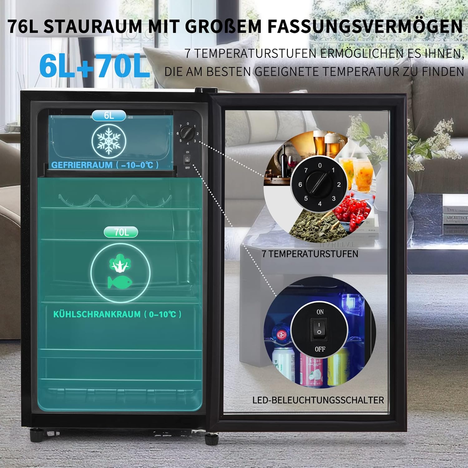 Merax Kühlschrank 128L, Freistehend Getränkekühler mit 120L-Kühlschrank + 8L-Gefrierschrank, mit LED-Innenbeleuchtung und Verstellbare Einlegeböden, Superleise für Restaurant, Bar, Getränke und Bier