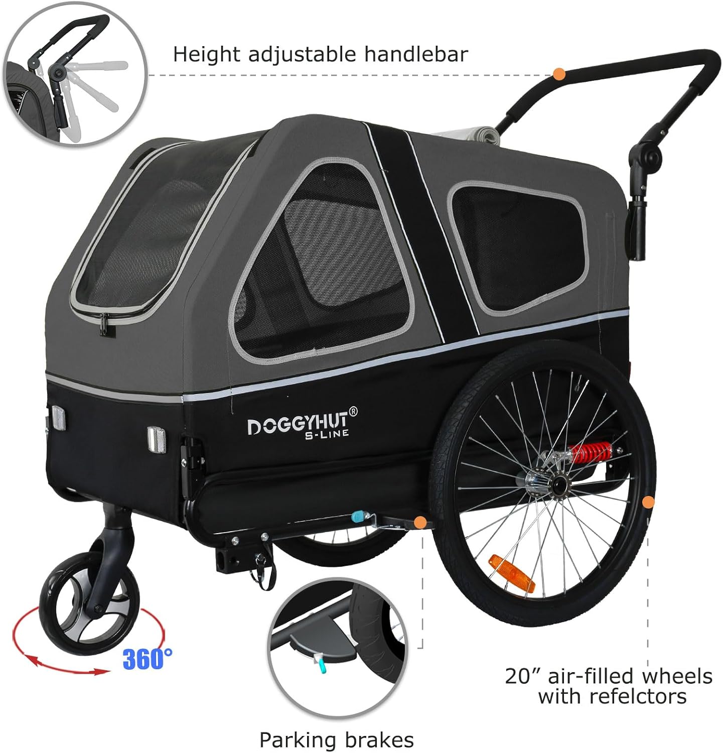 Doggyhut S-Line XL Hundeanhänger & Hundebuggy mit Federung 2 in 1 Hunde Fahrradanhänger Jogger gefedert bis 45 kg