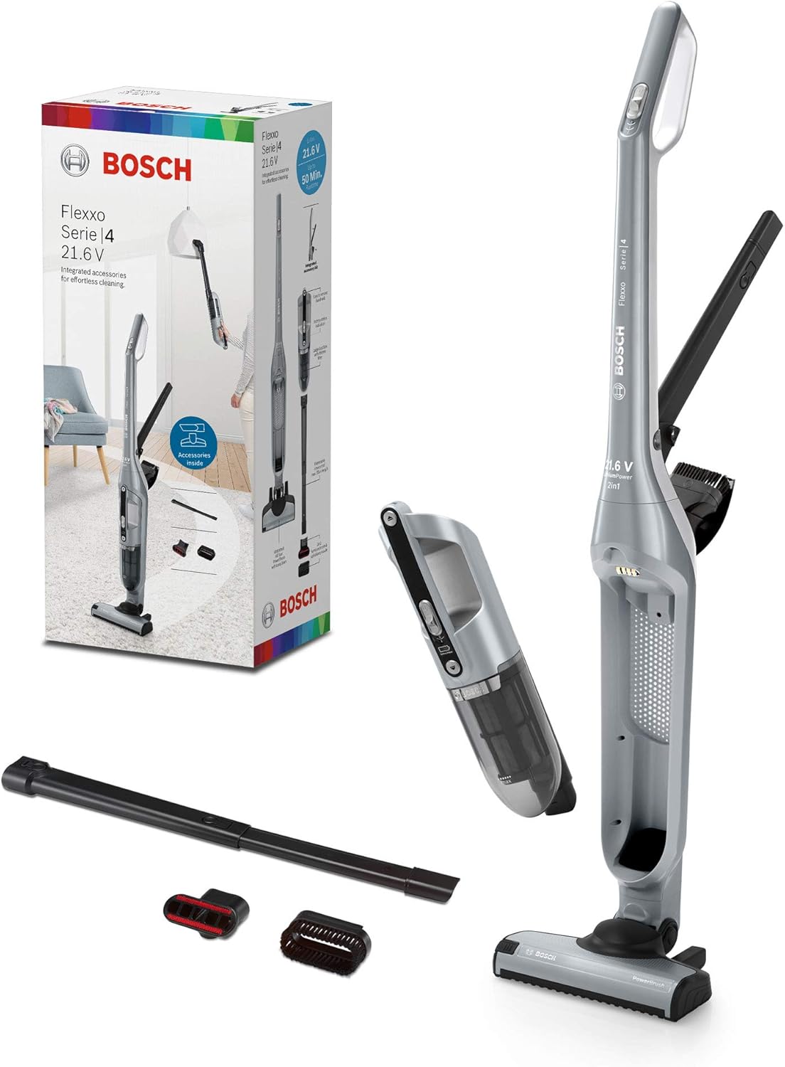 Bosch Akku-Staubsauger Flexxo 2in1 Serie 4 BBH32101, kabelloser Handstaubsauger, beutellos, hohe Saugleistung, Lange Laufzeit, Kurze Ladezeit, Fugendüse, alle Bodenarten, schwarz