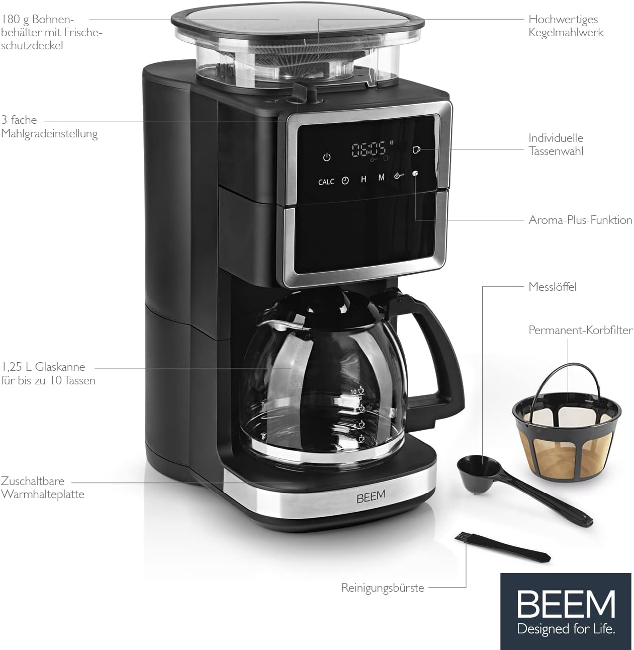 BEEM FRESH-AROMA-PERFECT III Filterkaffeemaschine mit Mahlwerk - Duo | Mit Thermos- & Glaskanne | Aroma-Plus-Funktion | 24-H-Timer | 1000 W | für bis zu je 10 Tassen [Edelstahl]
