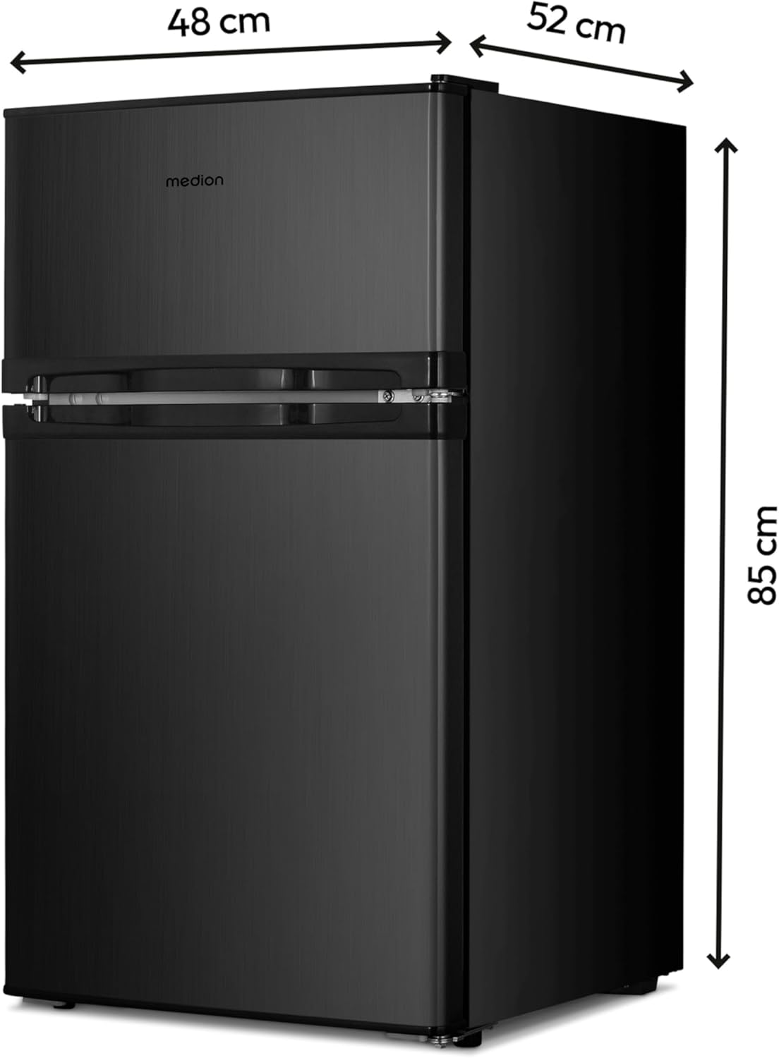 MEDION Mini Kühl-Gefrierkombination (85 Liter, 61L Kühlteil, 24L Gefrierteil, freistehend, 40 dB, transparente Gemüseschublade, Türanschlag wechselbar, MD 37689) grau