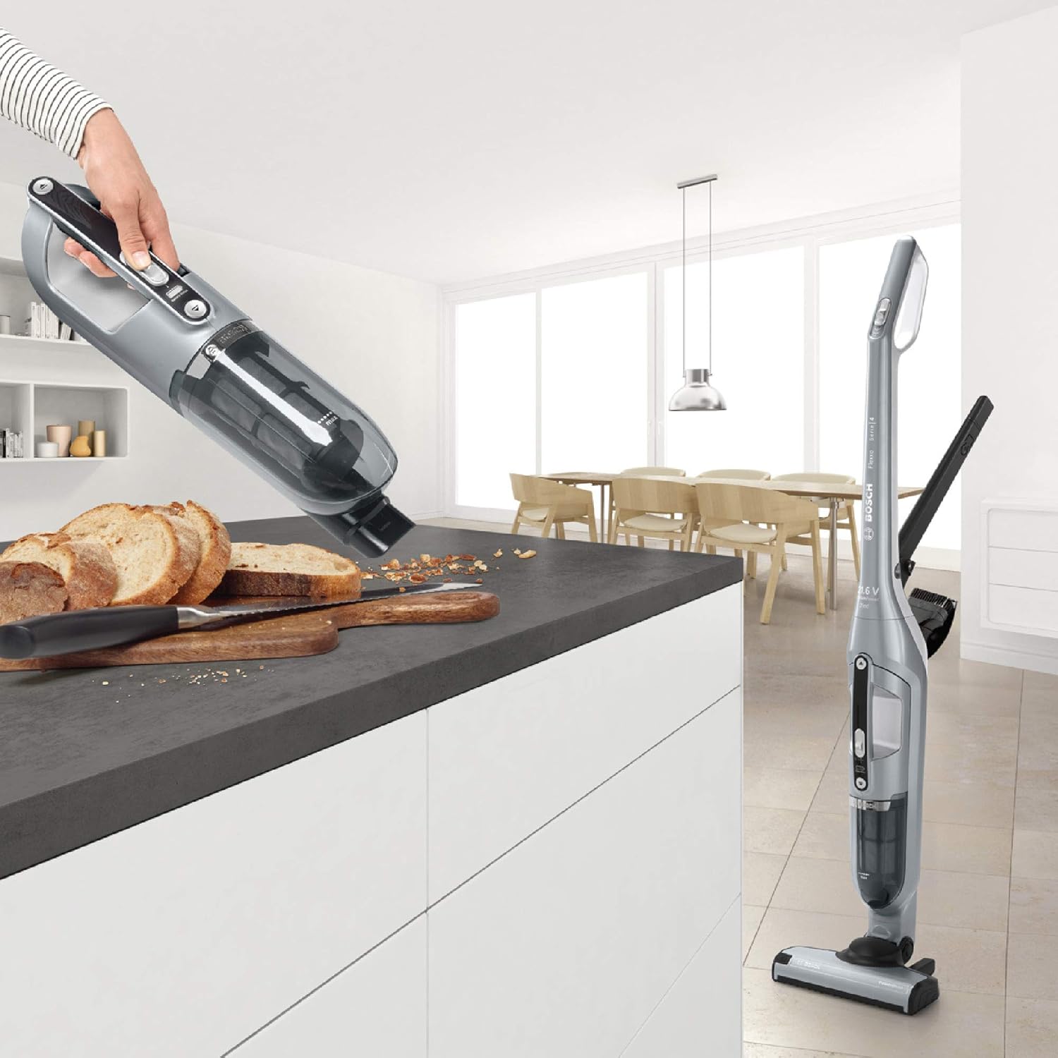 Bosch Akku-Staubsauger Flexxo 2in1 Serie 4 BBH32101, kabelloser Handstaubsauger, beutellos, hohe Saugleistung, Lange Laufzeit, Kurze Ladezeit, Fugendüse, alle Bodenarten, schwarz