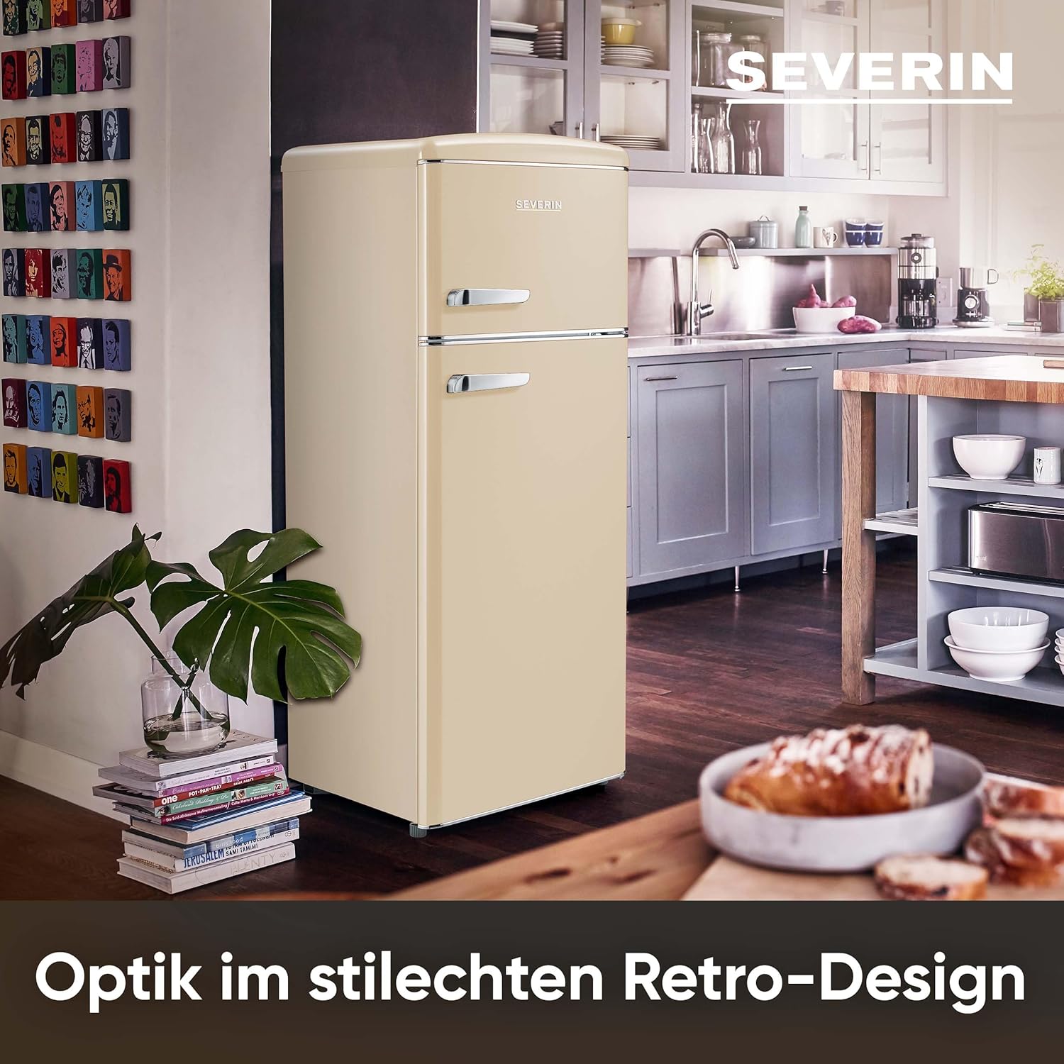 SEVERIN Retro - Kühl-/ Gefrierkombination, platzsparendes Raumwunder, 4 x höhenverstellbare Abstellflächen und eine große Veggiebox, 206 L Nutzinhalt, creme, RKG 8933