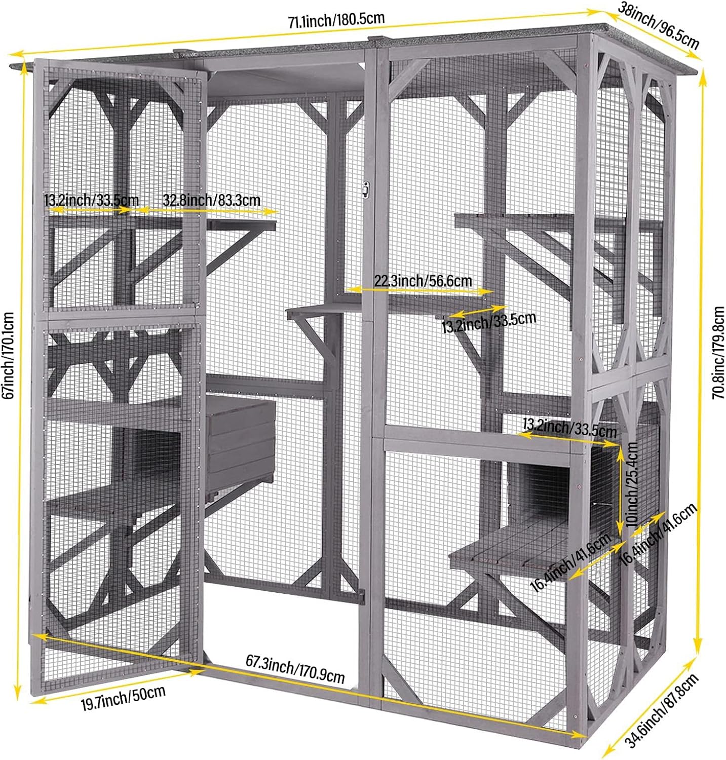 Katzenhaus Outdoor Catio Kitty Gehege mit super großer Eingangstür, Holz-Katzenkäfig Condo Indoor-Laufstall mit Plattformen und kleinem Haus