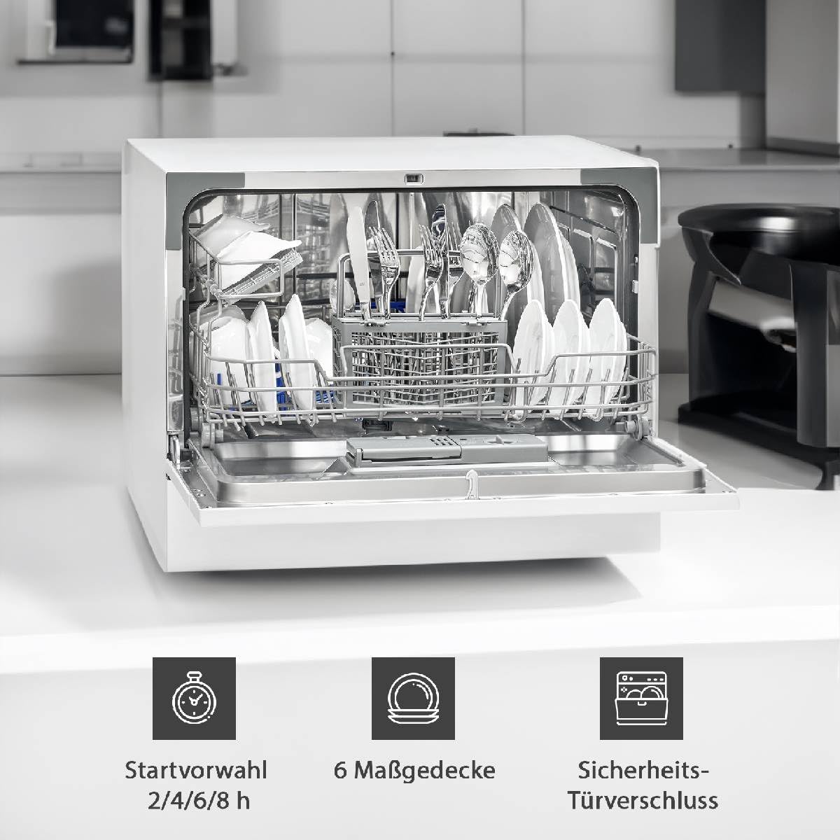 Bomann Mini Geschirrspüler mit Wasseranschluss | inkl. Schlauch | Tisch Geschirrspüler leise | Mini Spülmaschine für kleine Küchen/Camping | Spülmaschine klein m. Überlaufsicherung | TSG 7405 schwarz