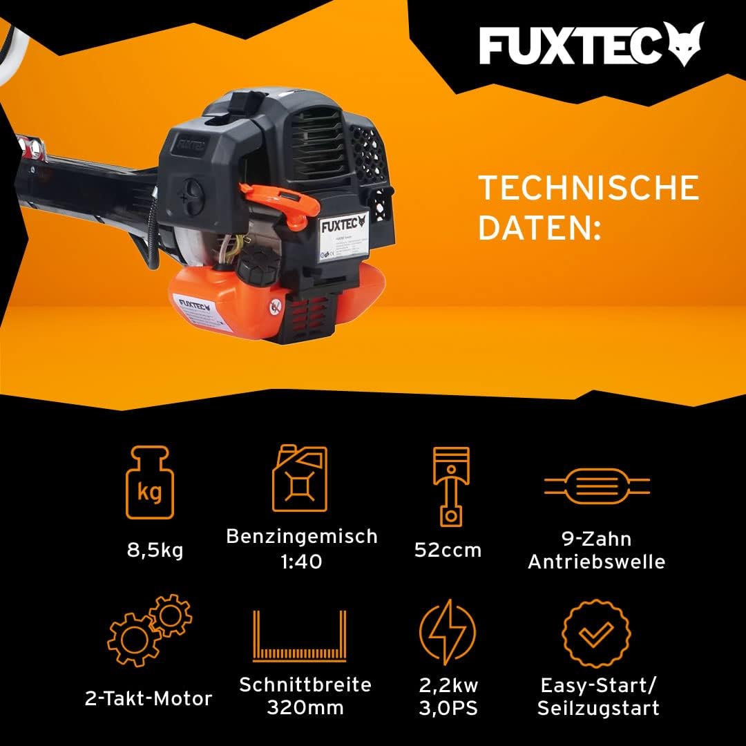 FUXTEC Profi Benzin Motorsense FX-PS162 – Profisense mit 62ccm, Faden und Komfort-Tragegurt – Rasentrimmer mit Antivibrationssystem – 2-Takt Freischneider Fadenspule