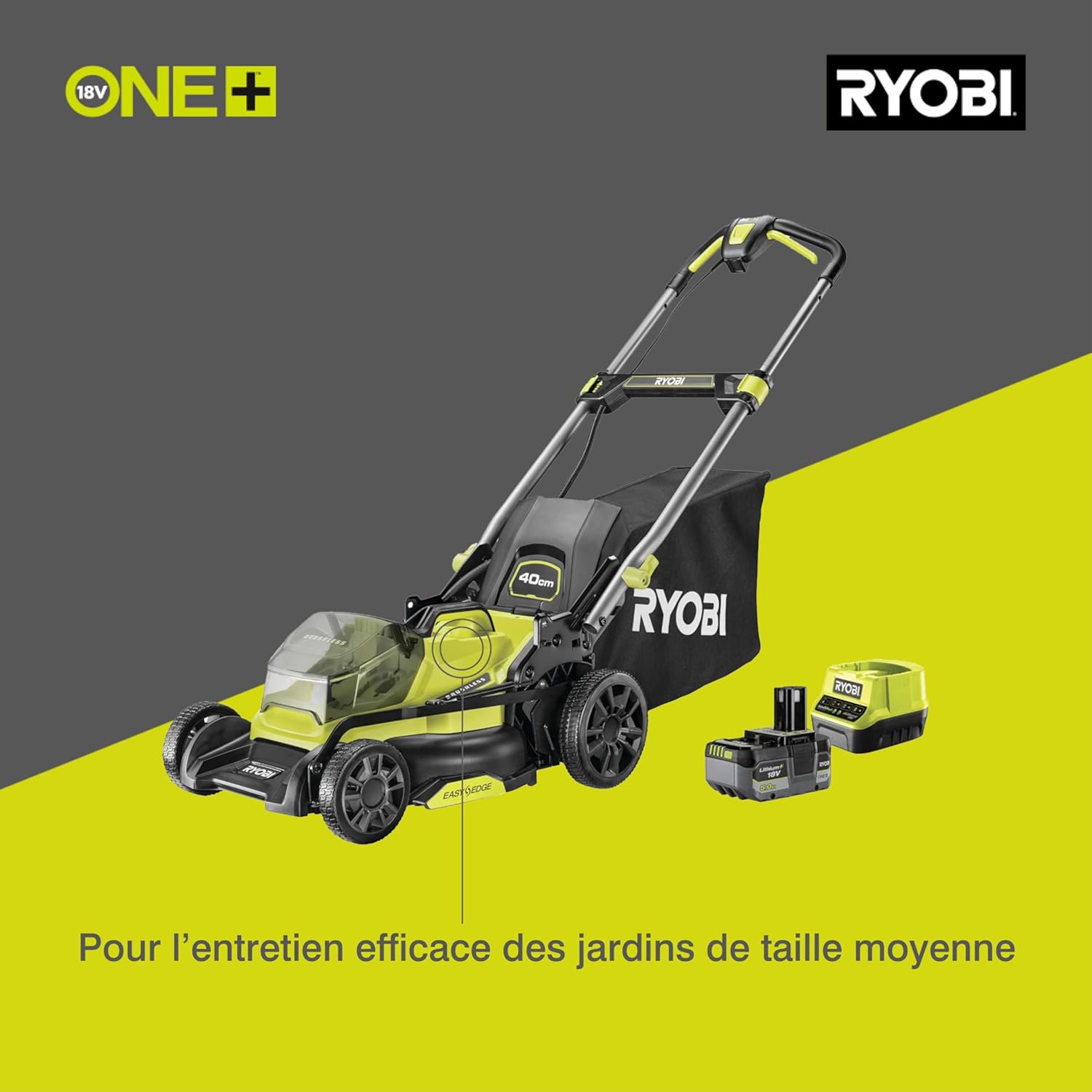 RYOBI 18 V ONE+ Akku-Rasenmäher RLM18X33B40 (Schnittbreite 33 cm, 5-fache Höhenverstellung 25-65 mm, zusammenklappbares Griffgestänge, inkl. Mulchkeil, 35l Grasfangsack, 4,0Ah Akku & Ladegerät)