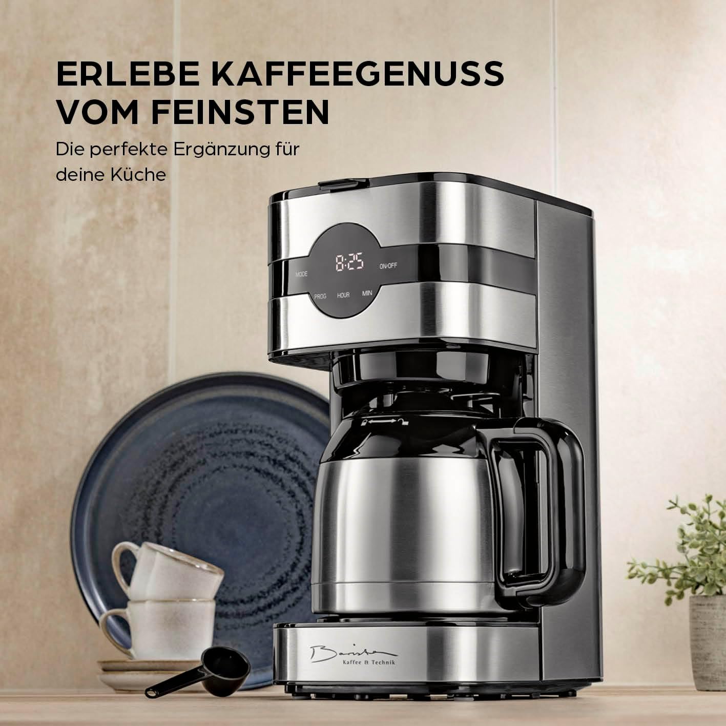 Barista Filterkaffeemaschine mit verstellbarem Mahlwerk & Thermokanne | Warmhaltefunktion, 24h Timer & Permanentfilter | Für 10 Tassen Kaffee | Kaffeemaschine für Bohnen & Pulver [Edelstahl]