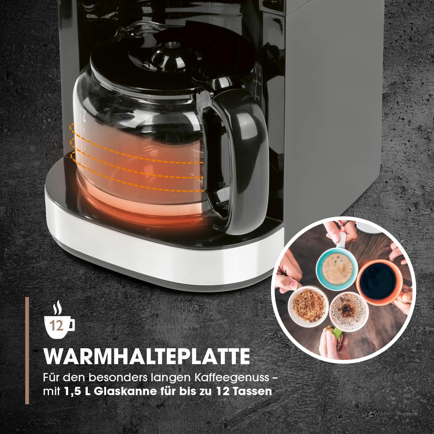 Barista Filterkaffeemaschine mit verstellbarem Mahlwerk & Thermokanne | Warmhaltefunktion, 24h Timer & Permanentfilter | Für 10 Tassen Kaffee | Kaffeemaschine für Bohnen & Pulver [Edelstahl]