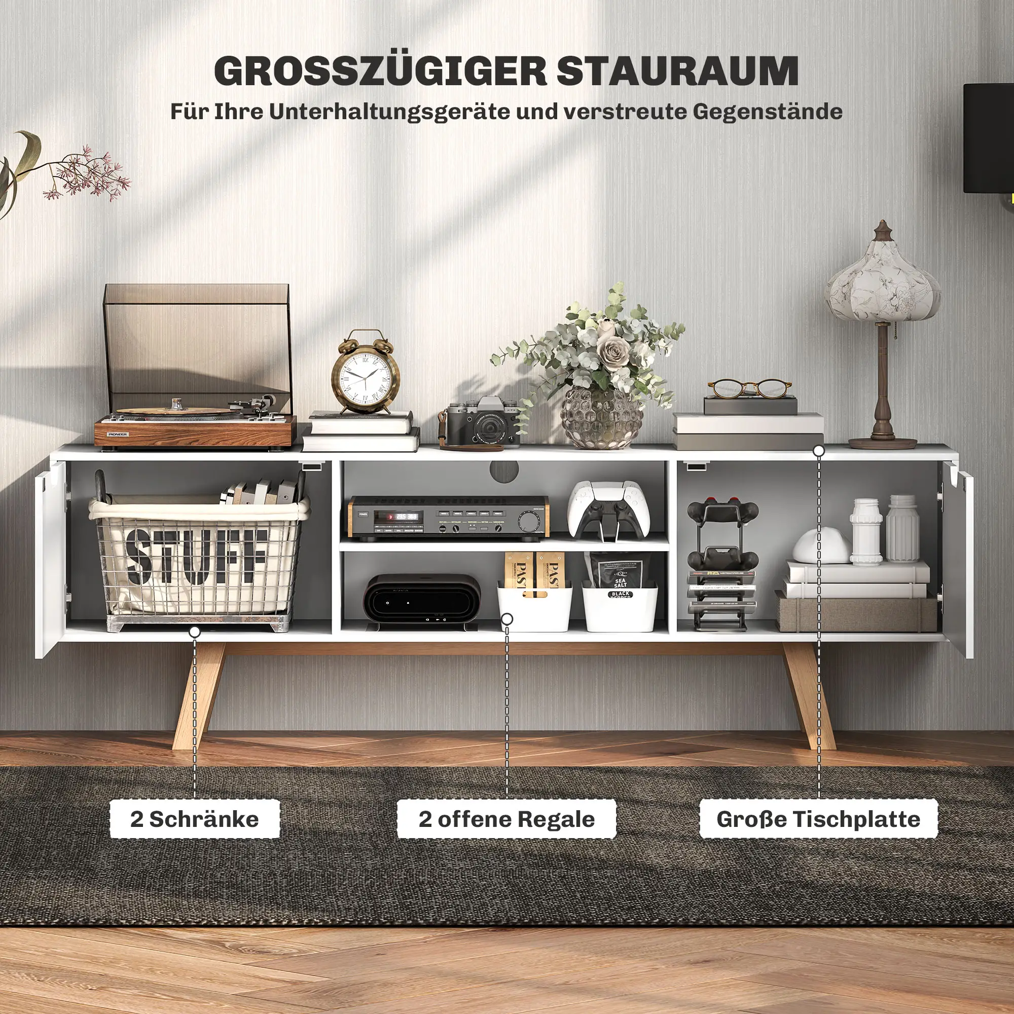 HOMCOM TV Lowboard 65 Zoll mit Kabelführung und 2 Schränken Weiß