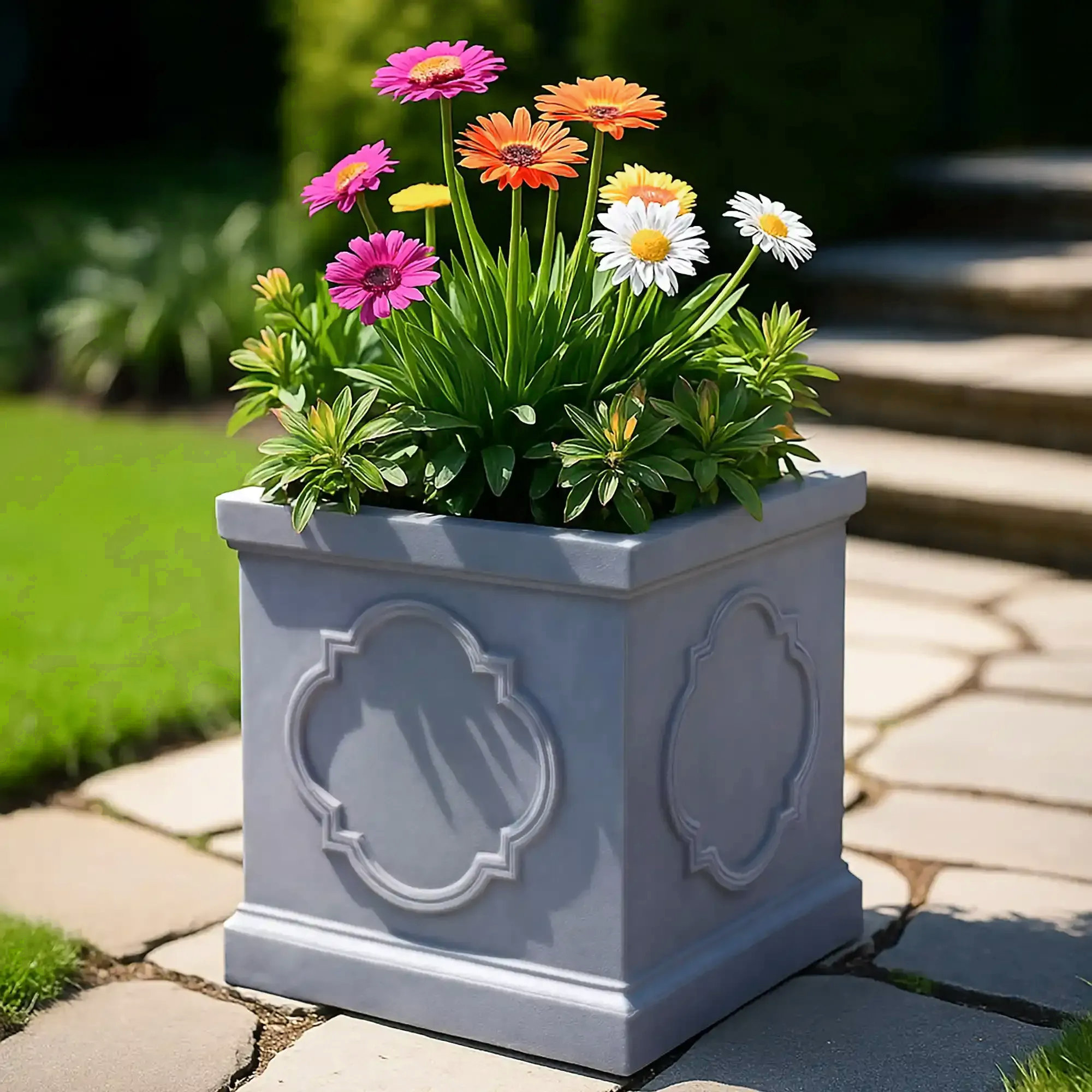 Quadratischer Blumentopf, 30 cm, grauer Stein, quadratischer Windsor-Pflanztopf von Idealist | Blumentopf aus Kunstblei für den Außenbereich mit Drainage | Gartenpflanzgefäß | Pflanzenbehälter
