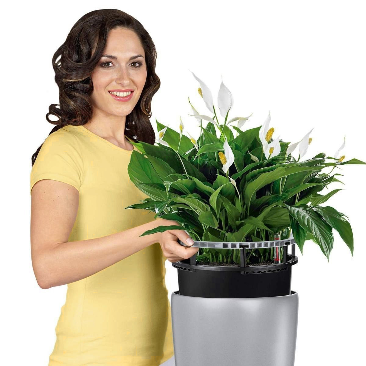 LECHUZA RONDO 32, selbstbewässernder Blumentopf aus schwarzem, hochglänzendem Polyresin mit Substrat und Wasserstandsanzeige, D32 H56 cm, 13 l